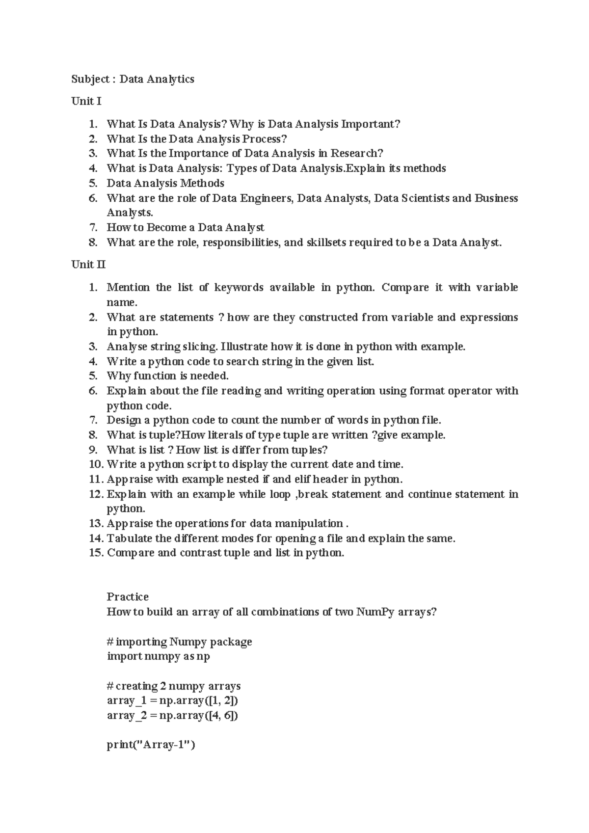 Questions of DA - Question banks of DA - Subject : Data Analytics Unit ...