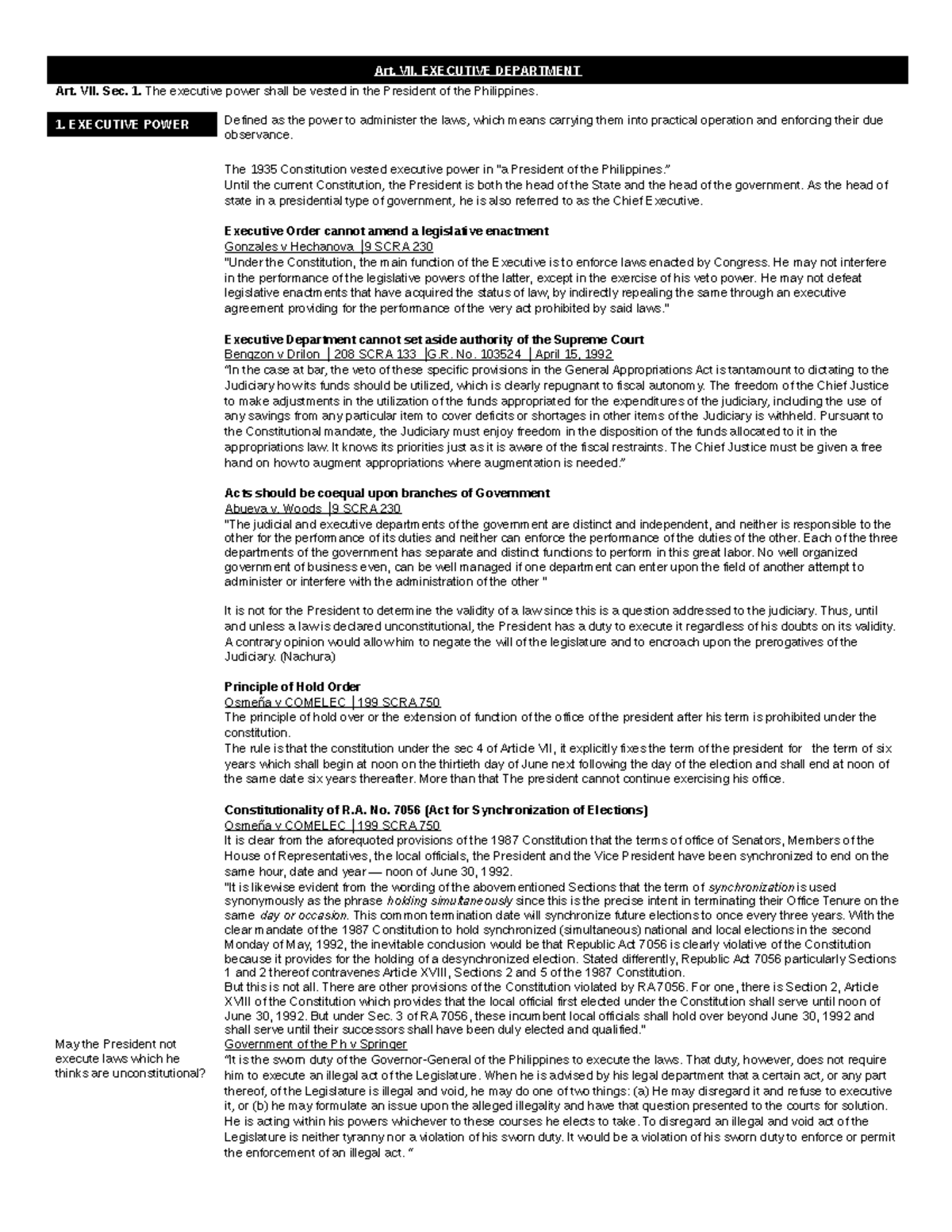 Constutional law ti 1 Reviewer 9 26 18 - Art. VII. EXECUTIVE DEPARTMENT ...