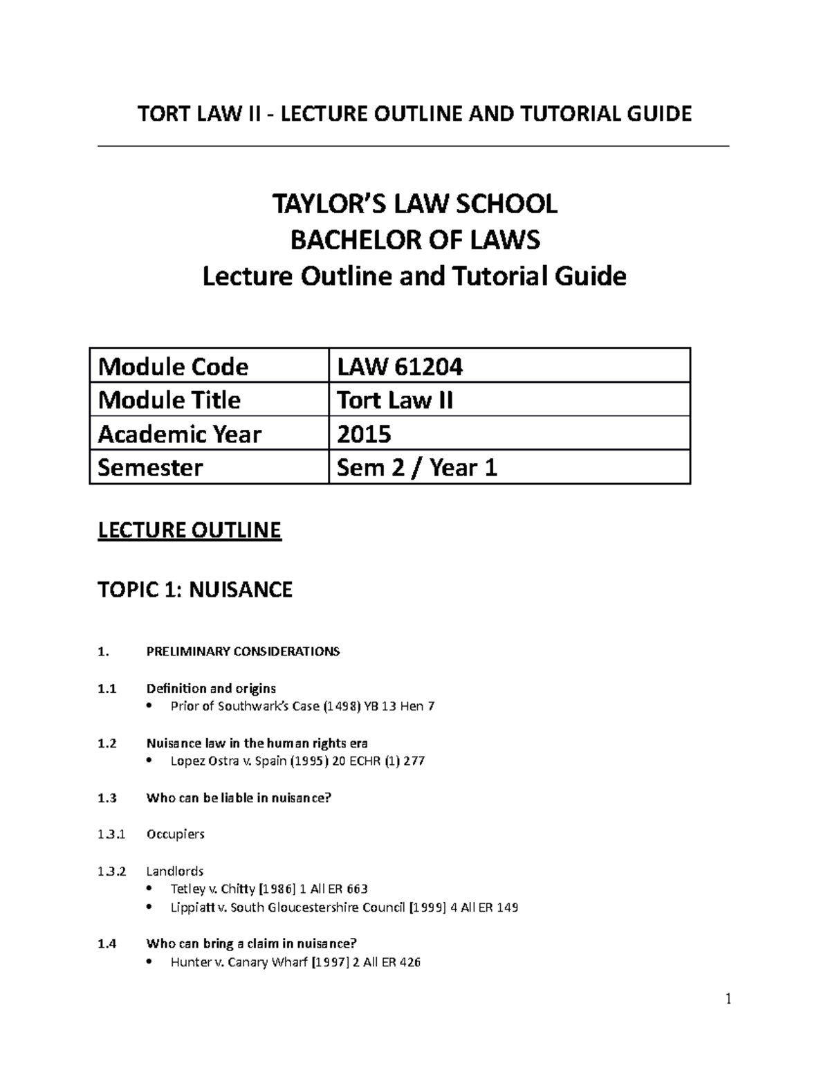 Trespass to Land bruv TORT LAW II LECTURE OUTLINE AND TUTORIAL