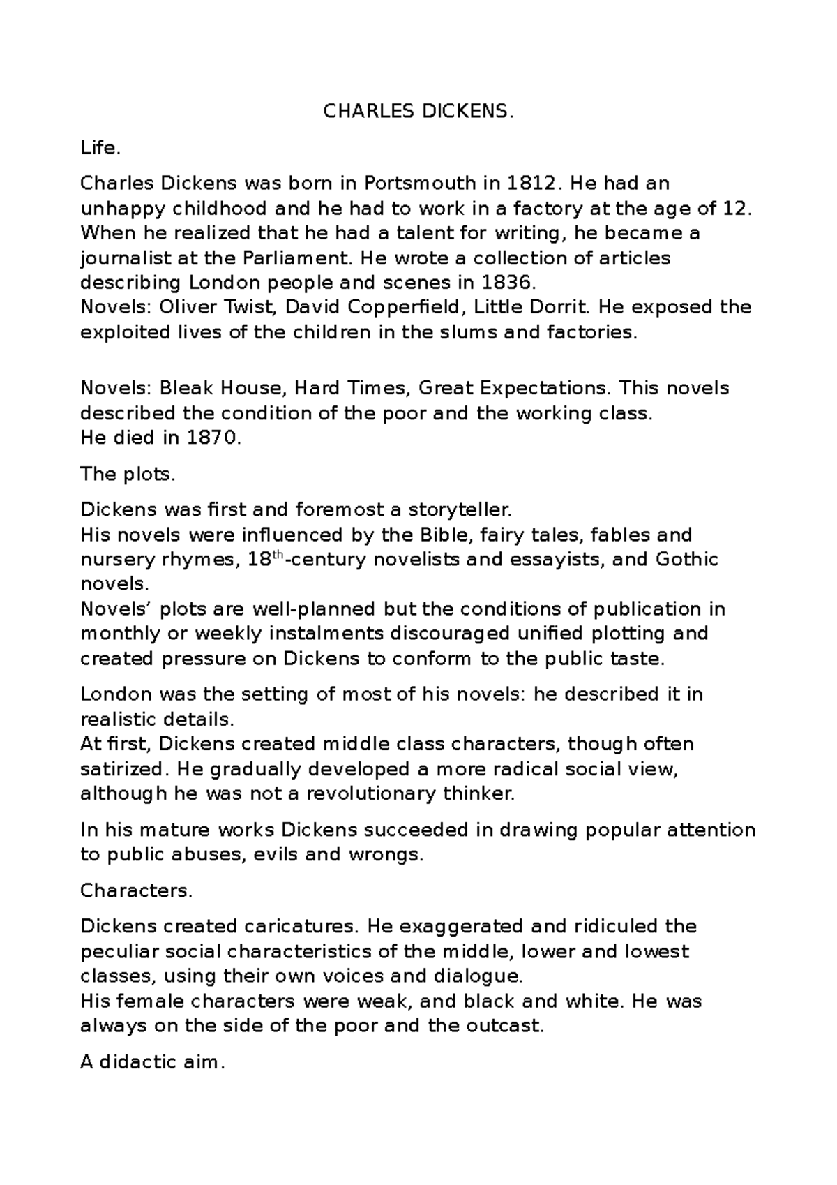 Dickens - CHARLES DICKENS. Life. Charles Dickens was born in Portsmouth ...