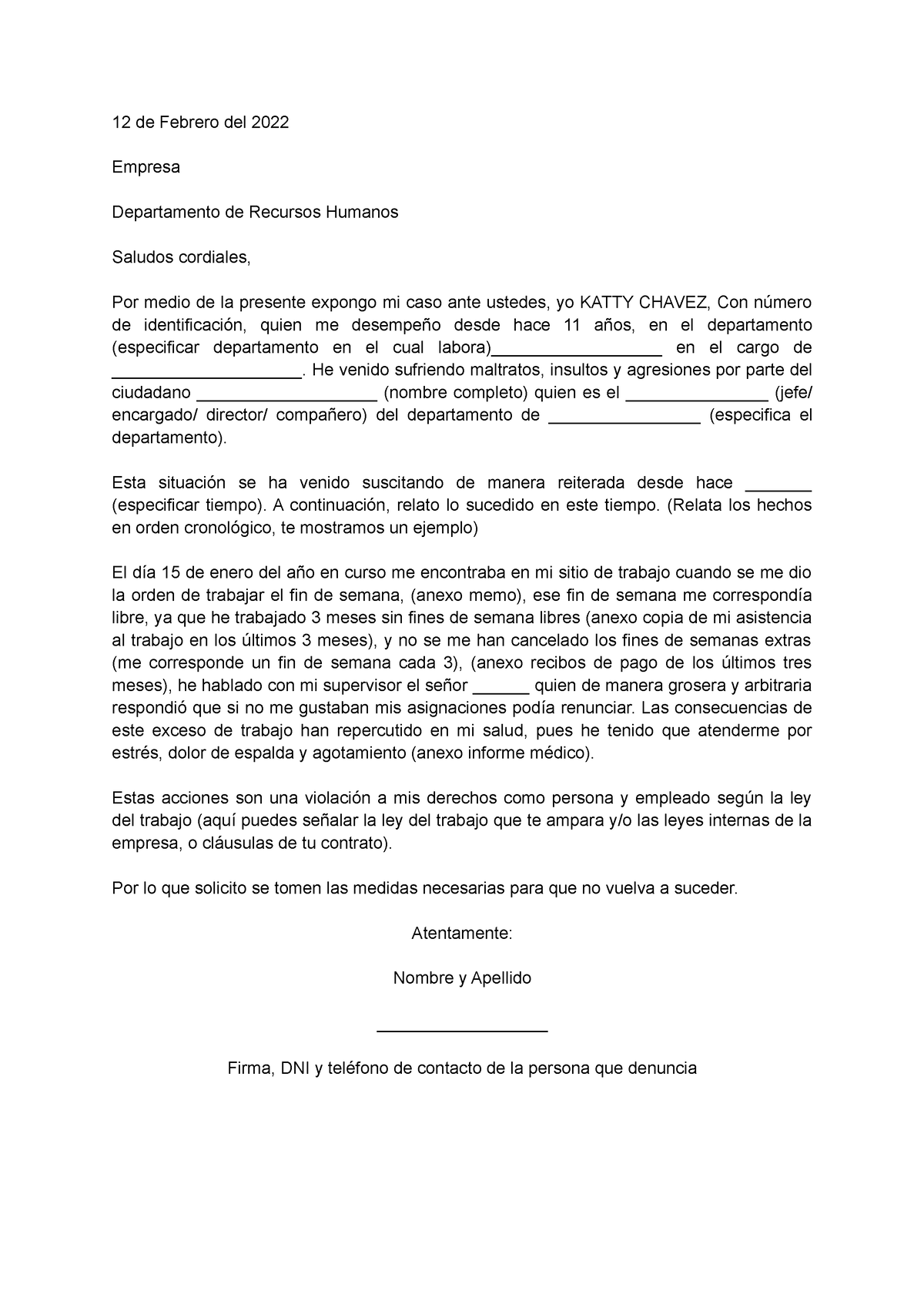 Modelo de carta de Hostigamiento Laboral - 12 de Febrero del 2022 Empresa  Departamento de Recursos - Studocu