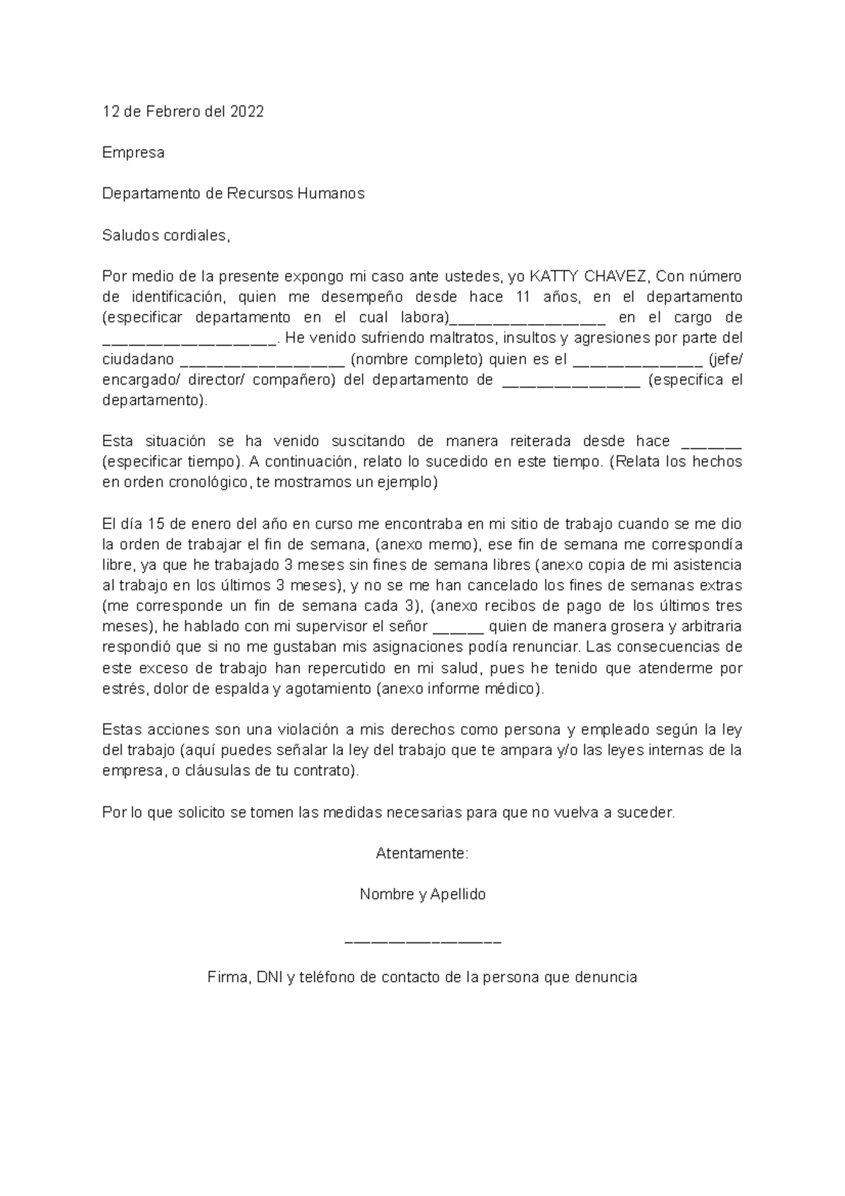 Modelo de carta de Hostigamiento Laboral - 12 de Febrero del 2022 Empresa  Departamento de Recursos - Studocu