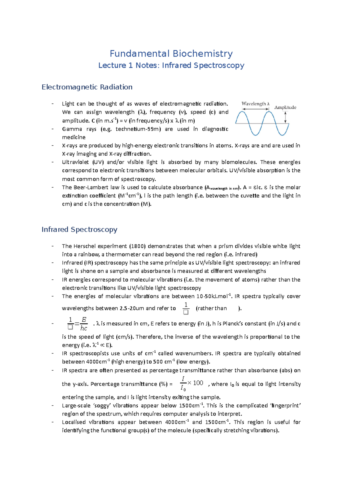 Lecture 1 Notes (Spectroscopy) Fundamental Biochemistry Lecture 1