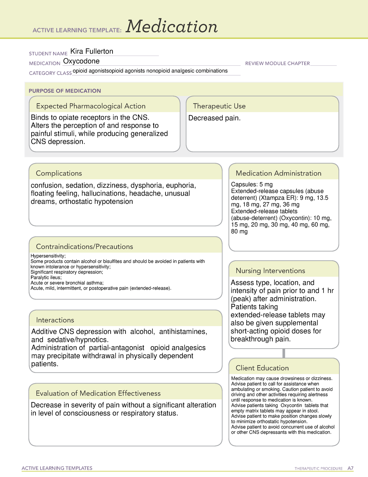 MED Oxycodone - ATI medications sheet - ACTIVE LEARNING TEMPLATES ...