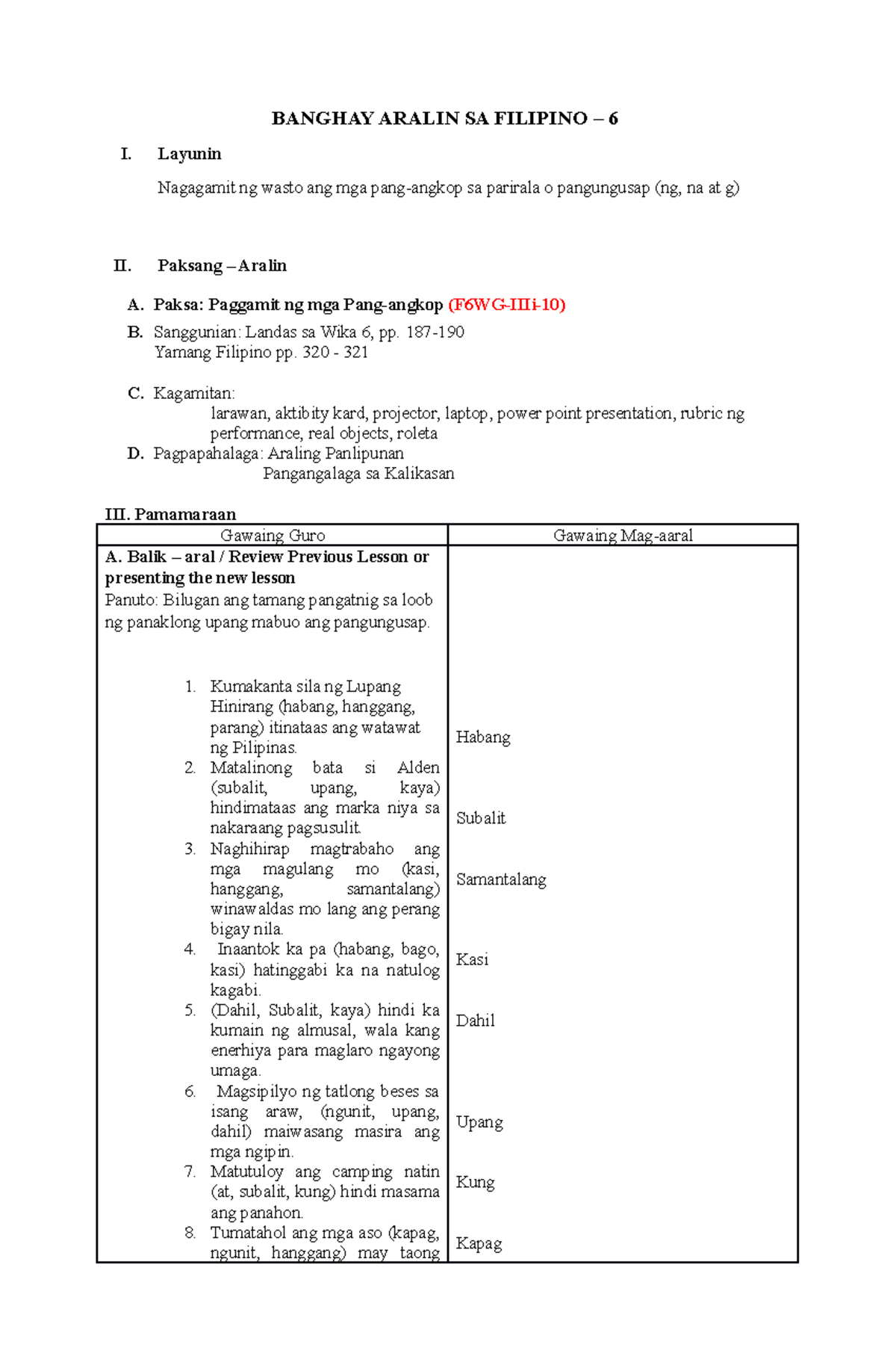 Lesson Plan Filipino BANGHAY ARALIN SA FILIPINO 6 I Layunin 