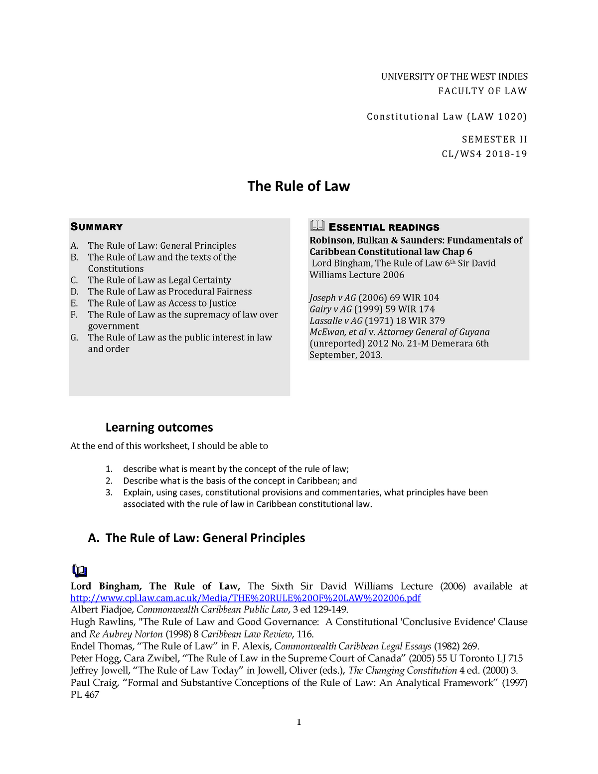 Worksheet 4 UNIVERSITY OF THE WEST INDIES 201 The Rule of Law SUMMARY