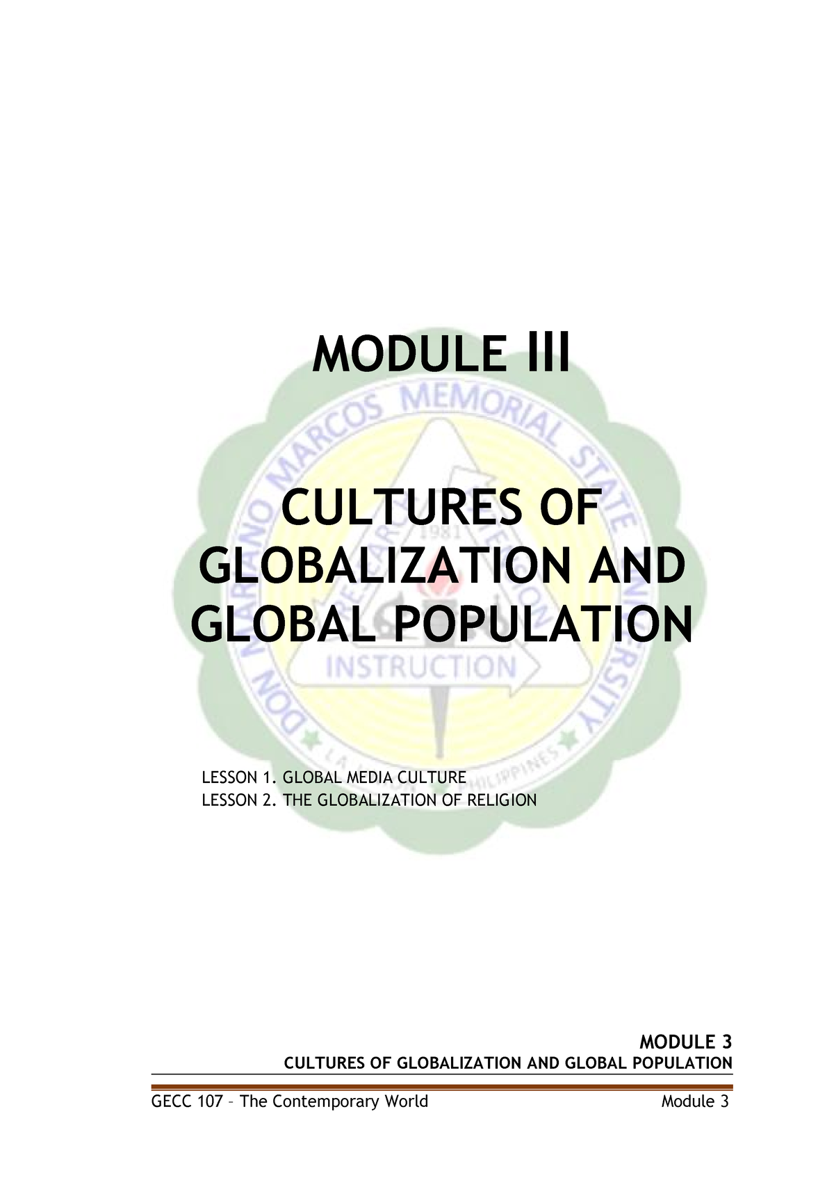 Lesson 1 AND 2 - 1st Year - MODULE III CULTURES OF GLOBALIZATION AND ...