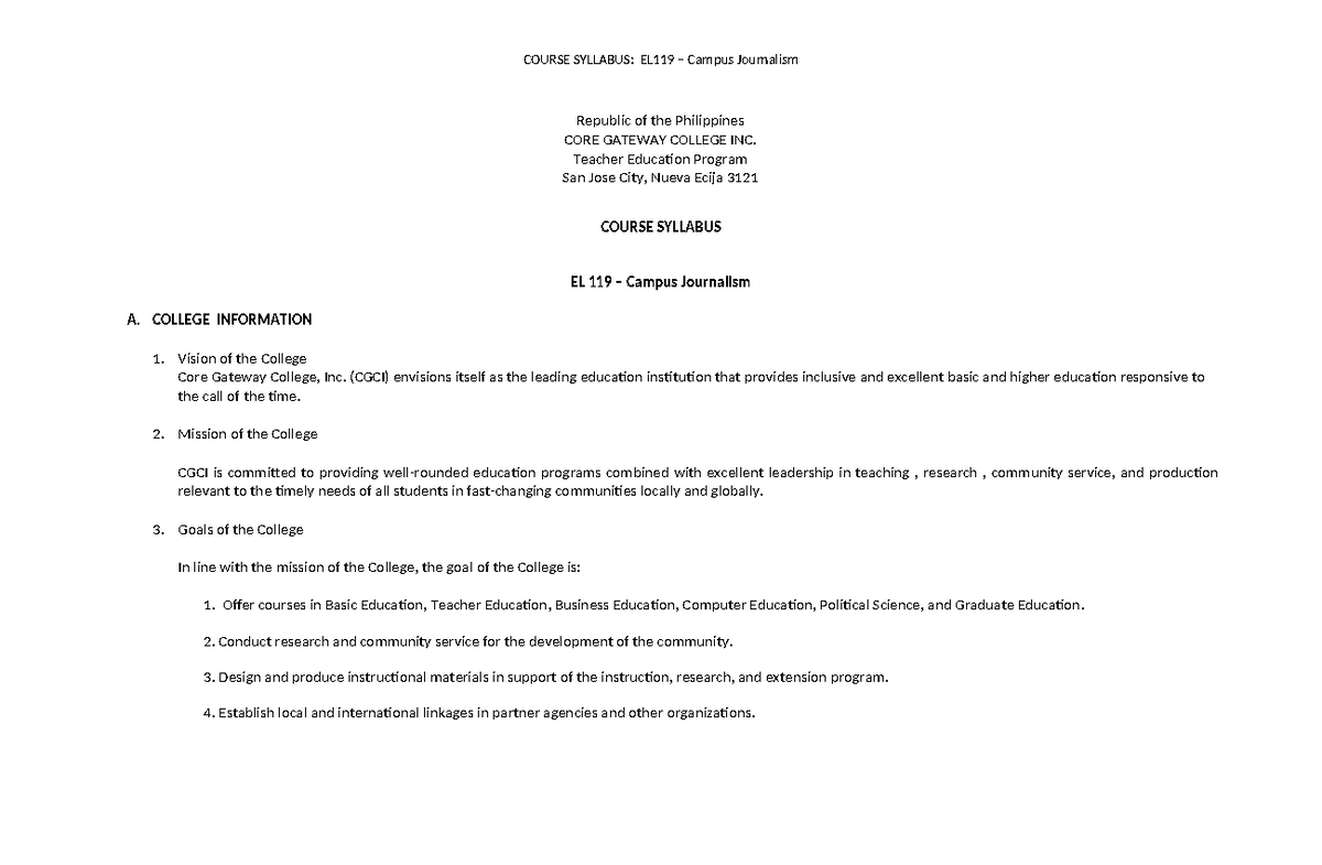 EL119 Campus Journalism COURSE SYLLABUS COURSE SYLLABUS EL 119