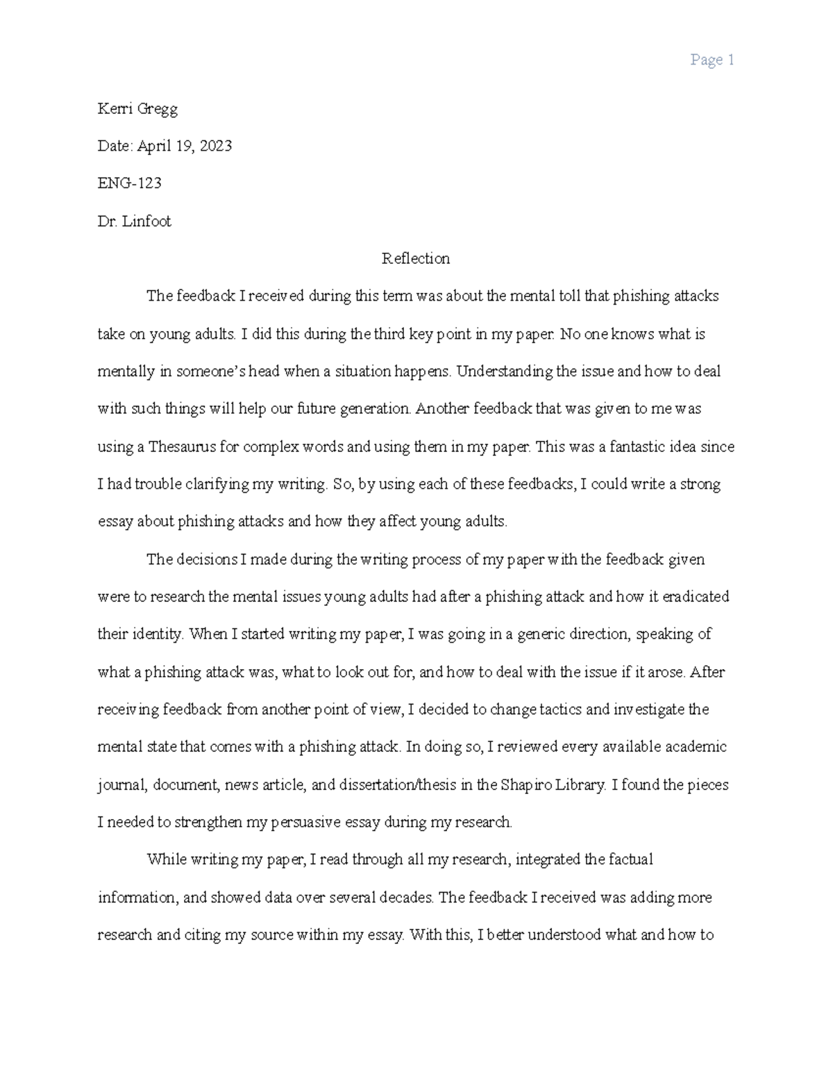 8 3 Project Three Reflection Page 1 Kerri Gregg Date April 19 2023 Eng Dr Linfoot 0264