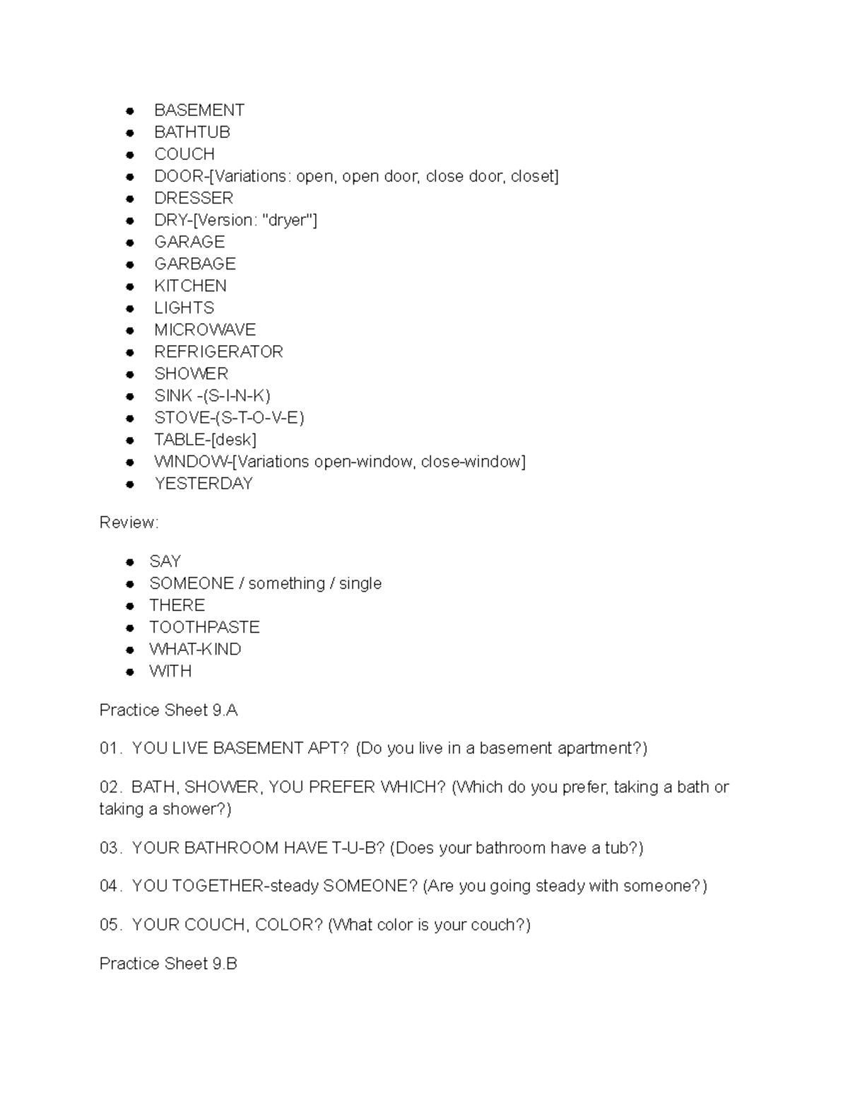American Sign Language Vocab and Sentences Lesson 9 BASEMENT BATHTUB COUCH Studocu