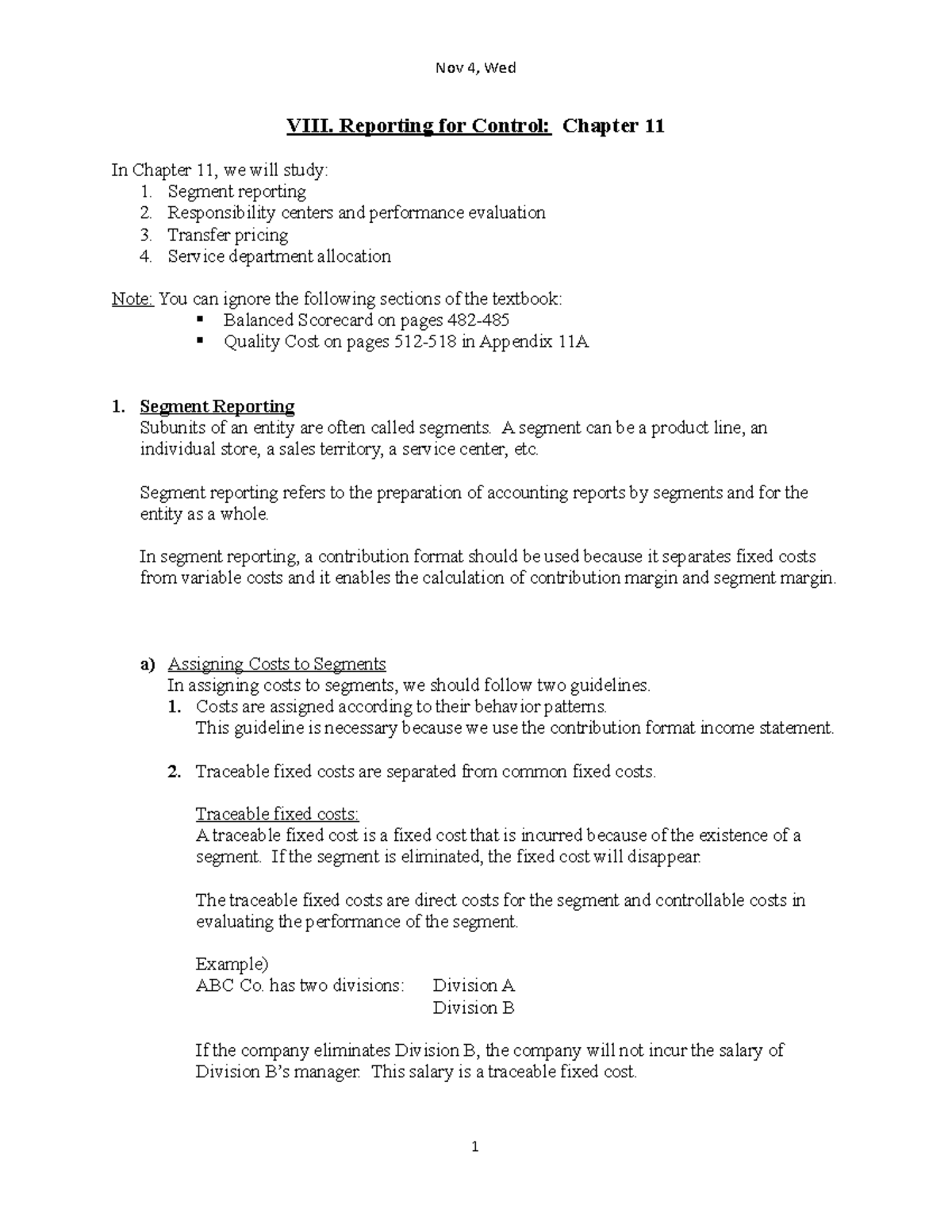 Nov 4, Wed (Lecture notes) - VIII. Reporting for Control: Chapter 11 In ...