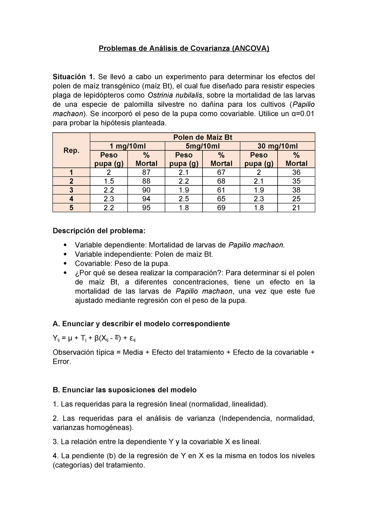 Problemas de Análisis de Covarianza ( Ancova) - MAT-242 - StuDocu