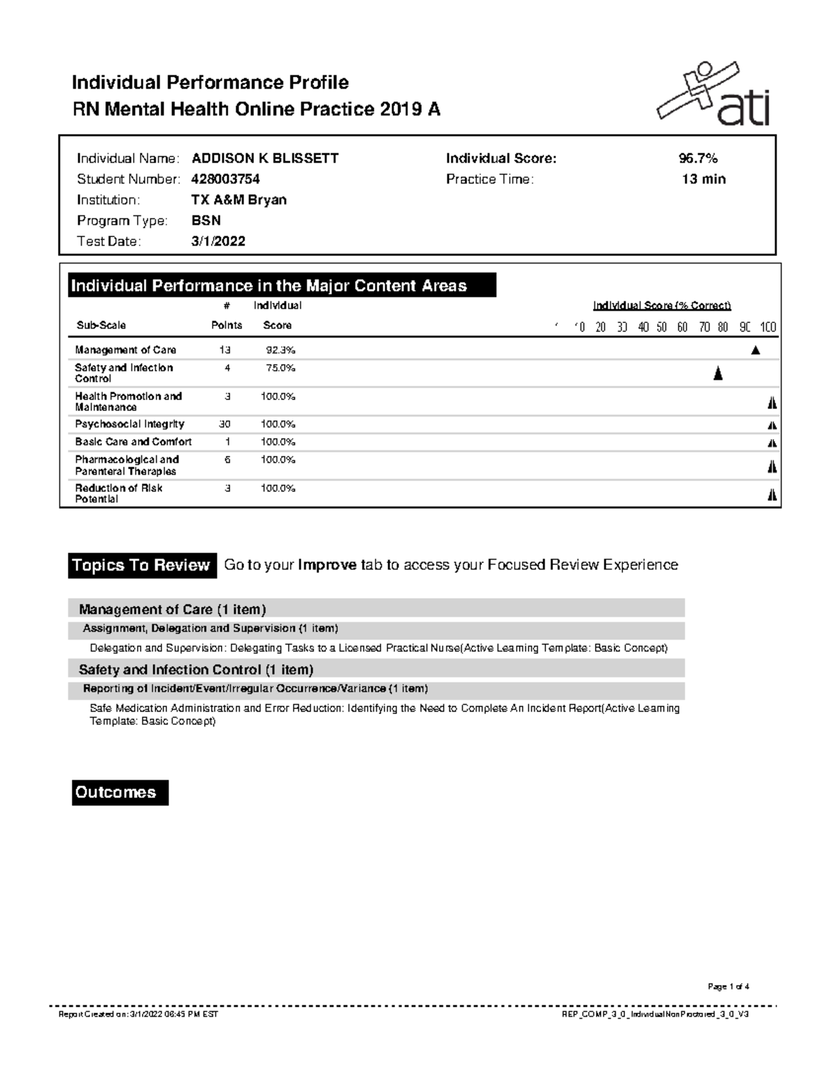 Practice A Report 2 of ATI - Individual Performance Profile RN Mental ...