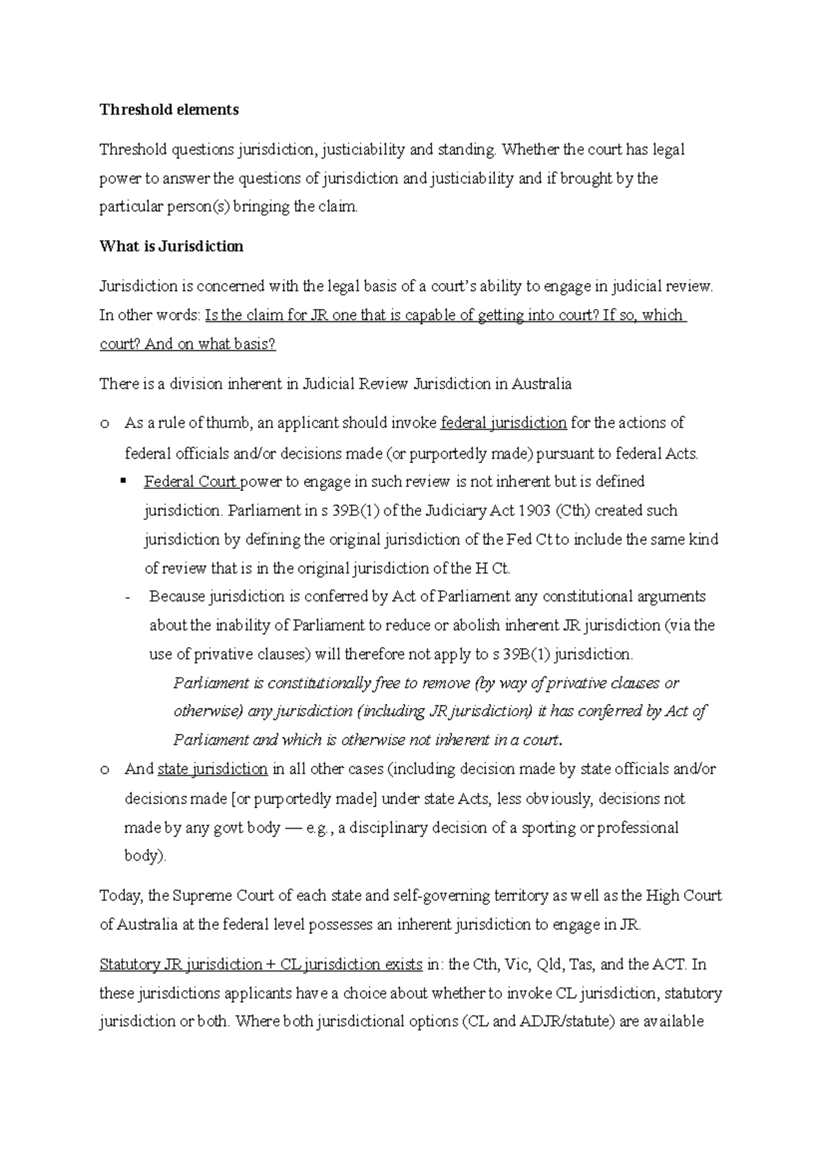 Week Three Summary Threshold elements Threshold questions