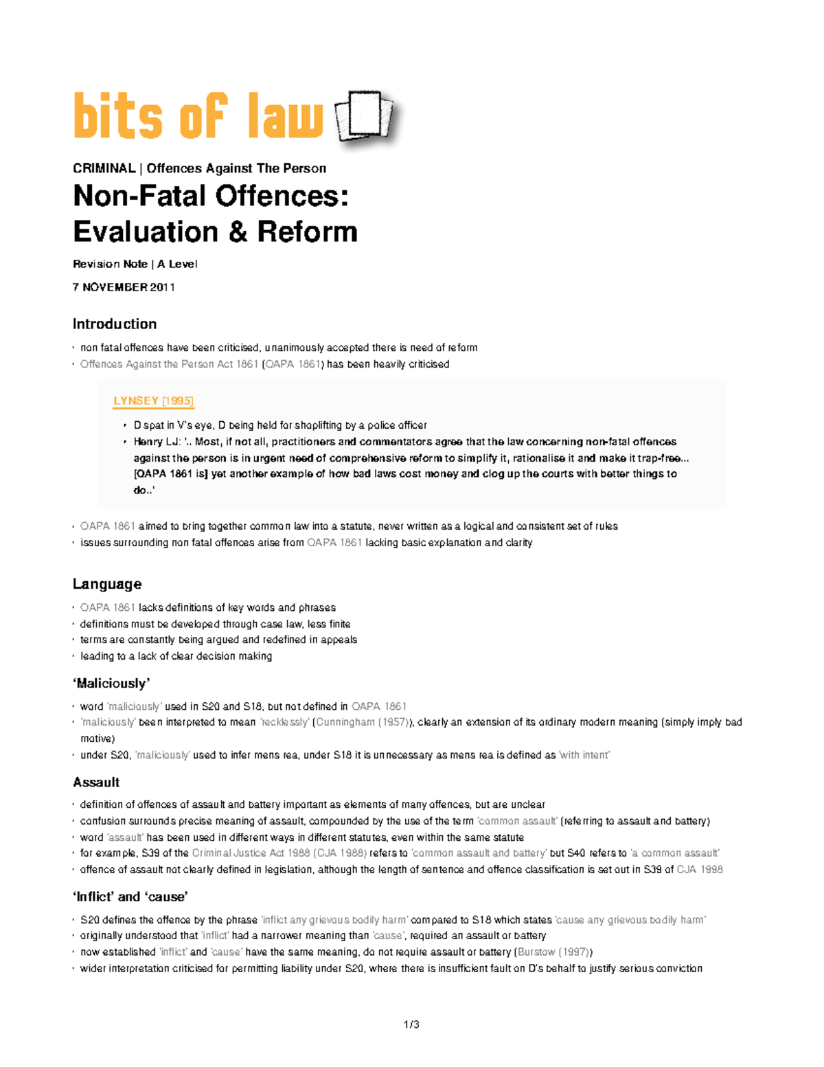 Non fatal evaluation reform - bits of law CRIMINAL | Offences Against ...