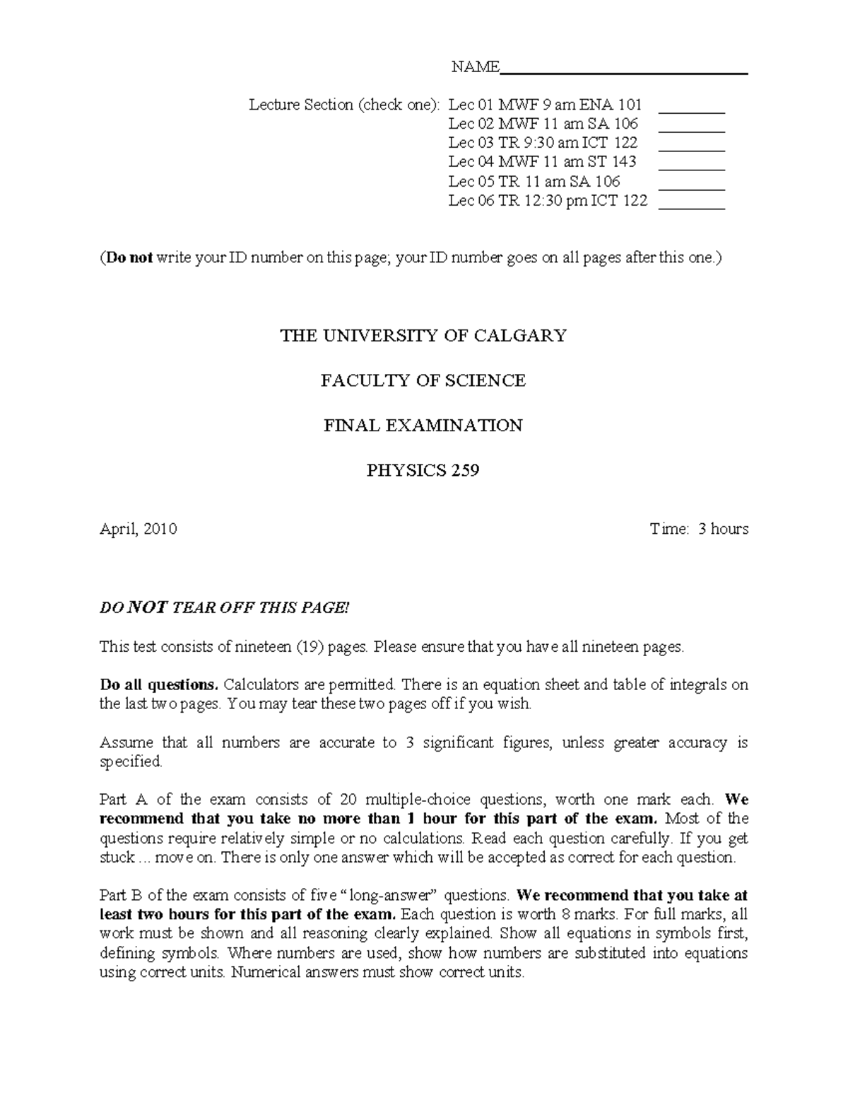 Exam April 2010, questions and answers - NAME Lecture Section (check ...