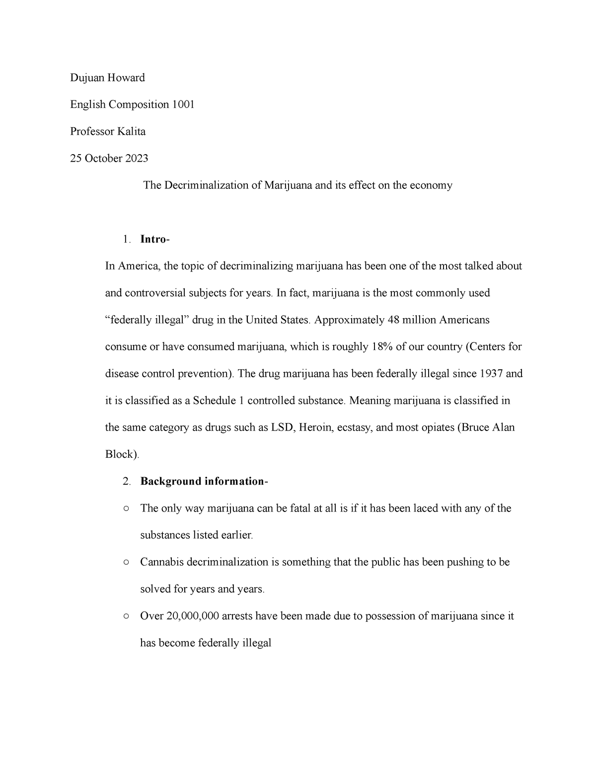 Research essay outline - Dujuan Howard English Composition 1001 ...