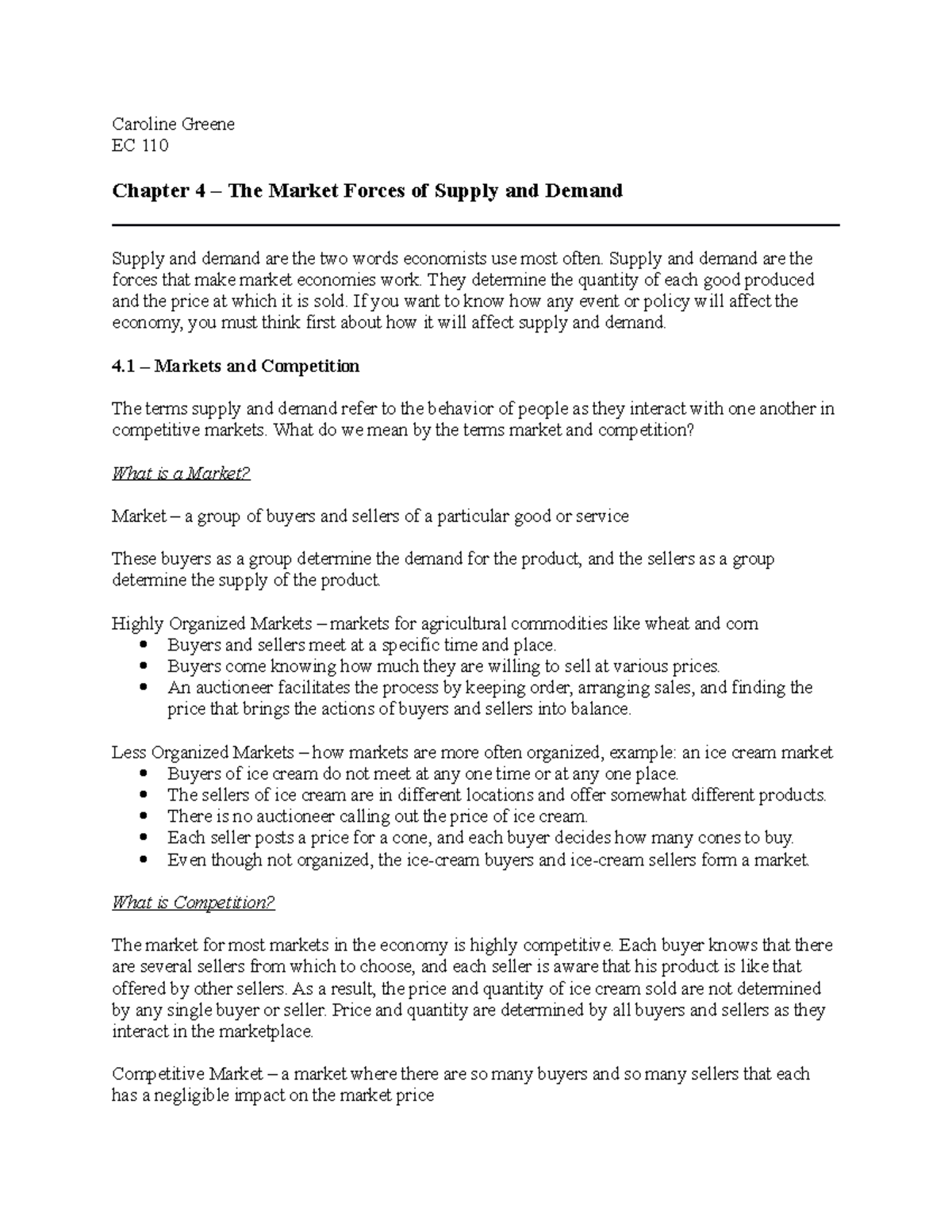 4.1 - Markets and Competition - Caroline Greene EC 110 Chapter 4 – The ...