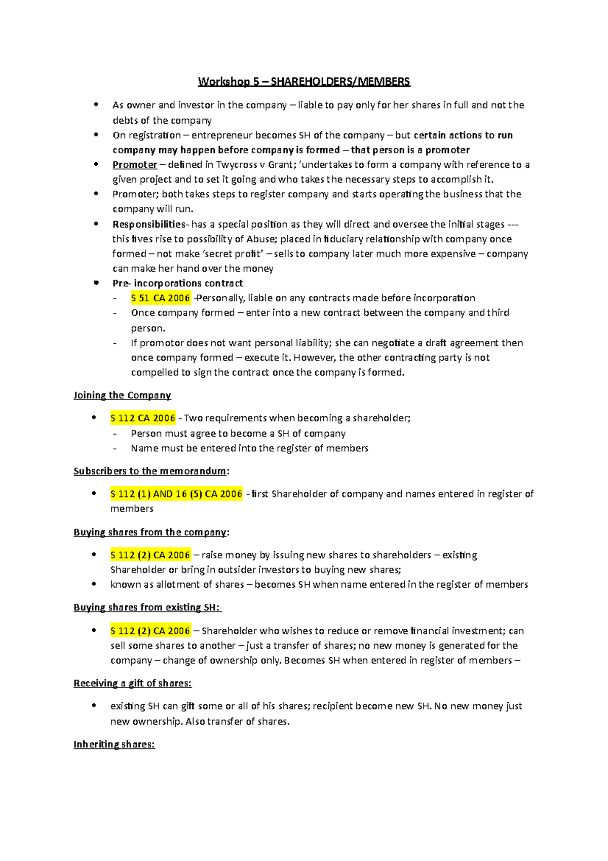 Workshop 5 ew - Notes - Workshop 5 – SHAREHOLDERS/MEMBERS As owner and ...