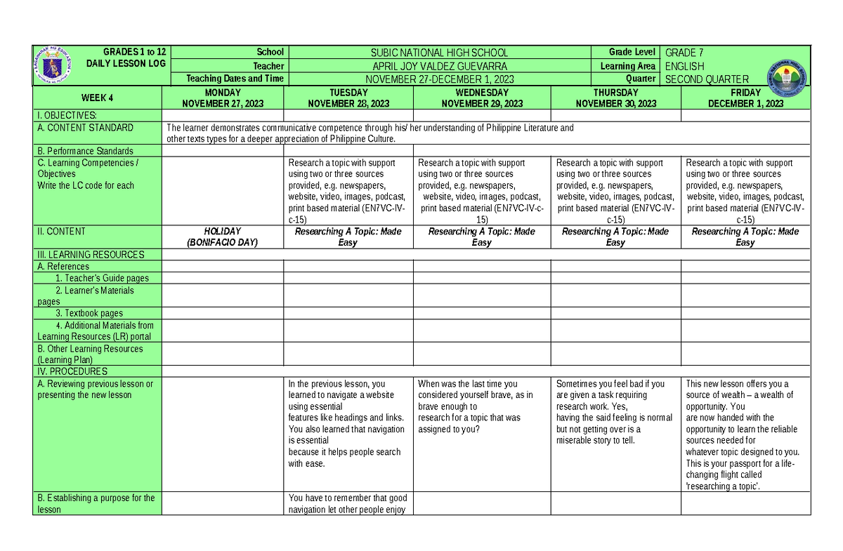 DLL2324 eng7 - Daily Lesson Log on English 7 - GRADES 1 to 12 DAILY ...