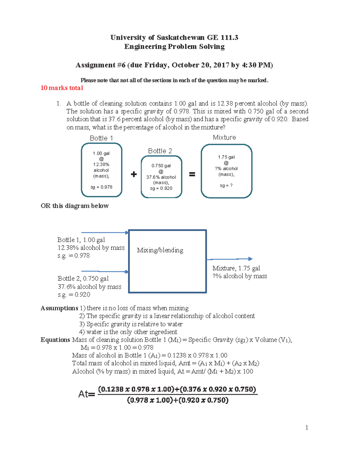 06 Assign Solution 2017 SVersion - University of Saskatchewan GE 111 ...