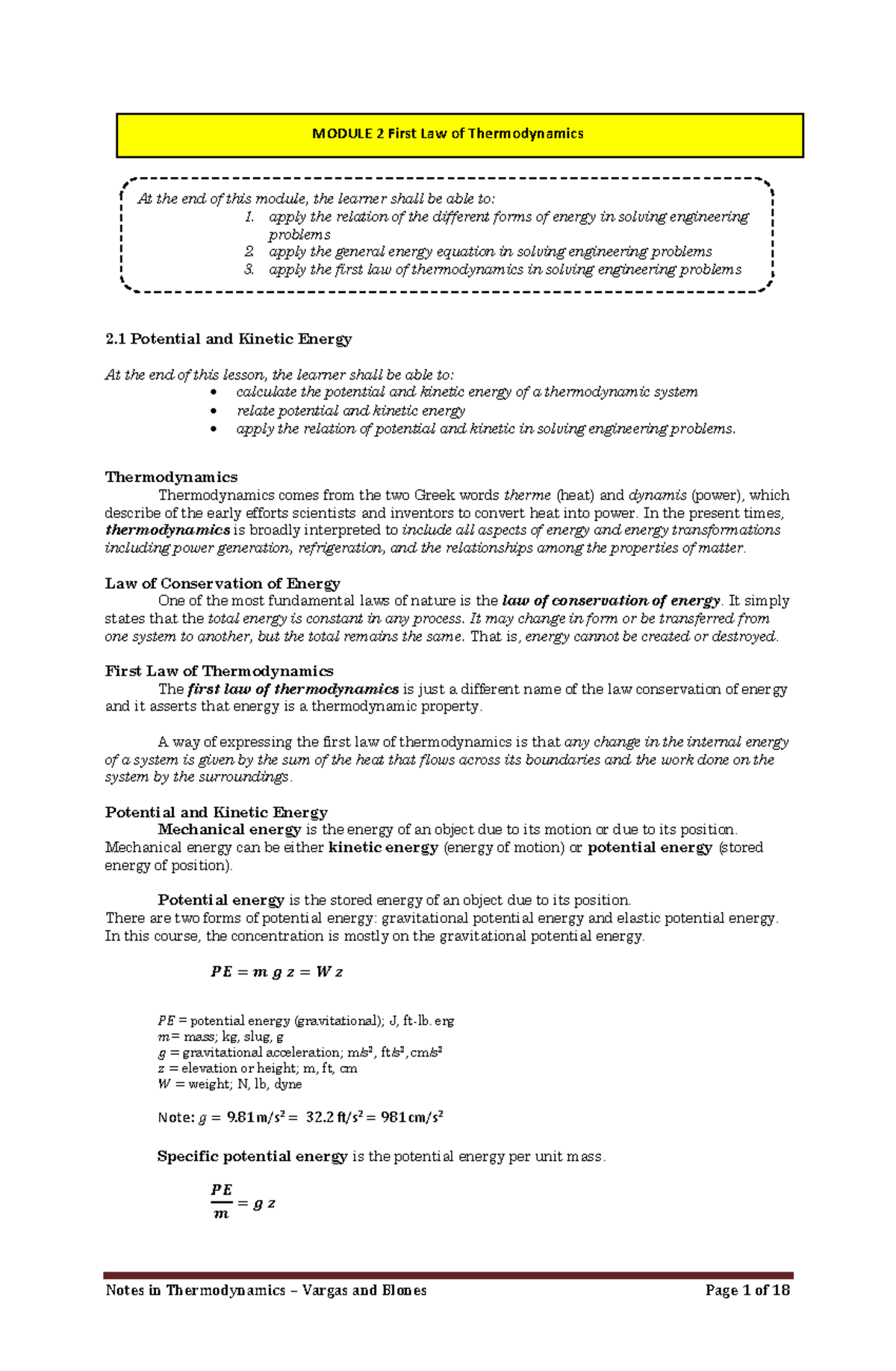Module 2 First Law of Thermodynamics - MODULE 2 First Law of ...