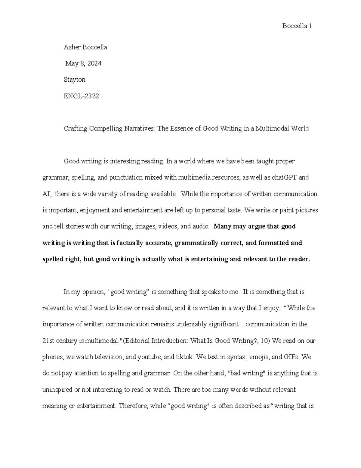 Good writing - Notes - Asher Boccella May 8, 2024 Stayton ENGL ...