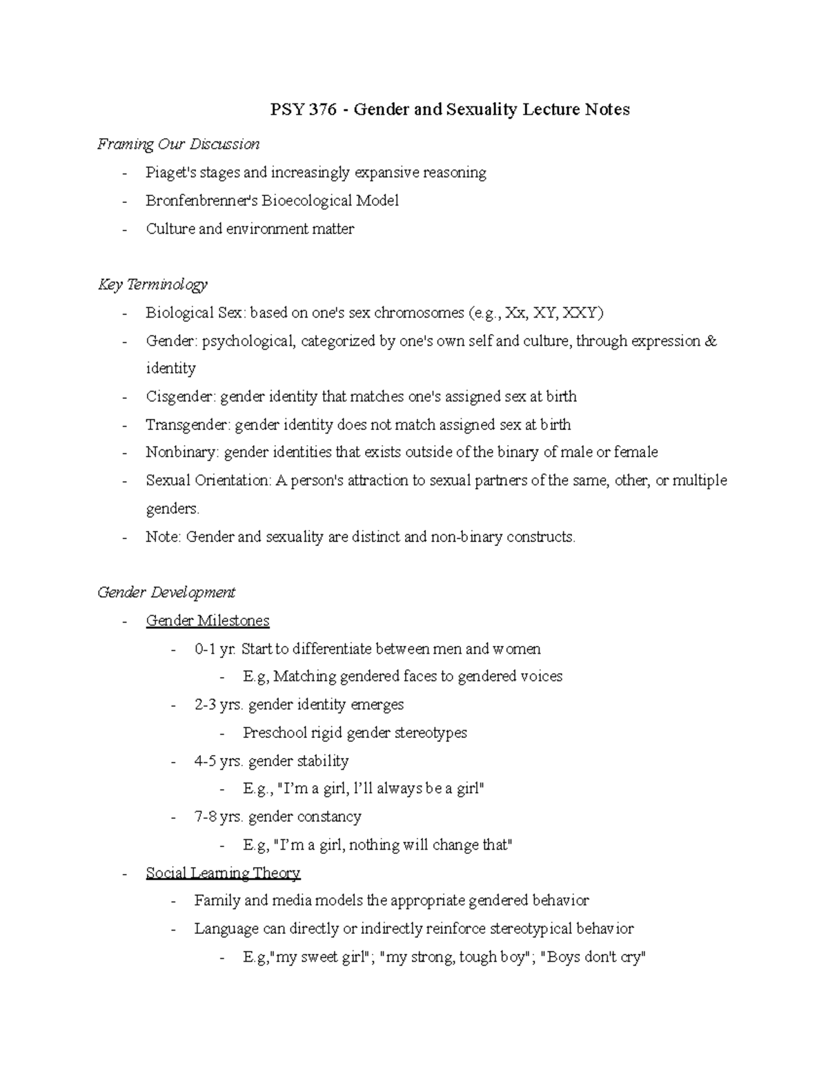 PSY 376 - Gender and Sexuality Lecture Notes - , Xx, XY, XXY) - Gender ...