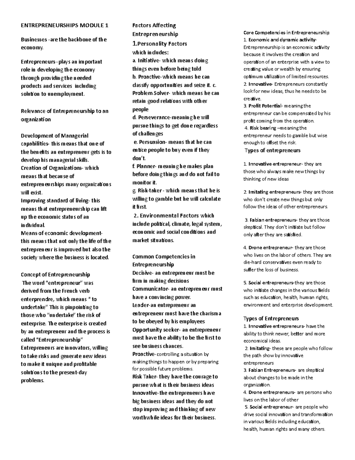 Entrep-Q1- Reviewer - A student - ENTREPRENEURSHIPS MODULE 1 Businesses ...
