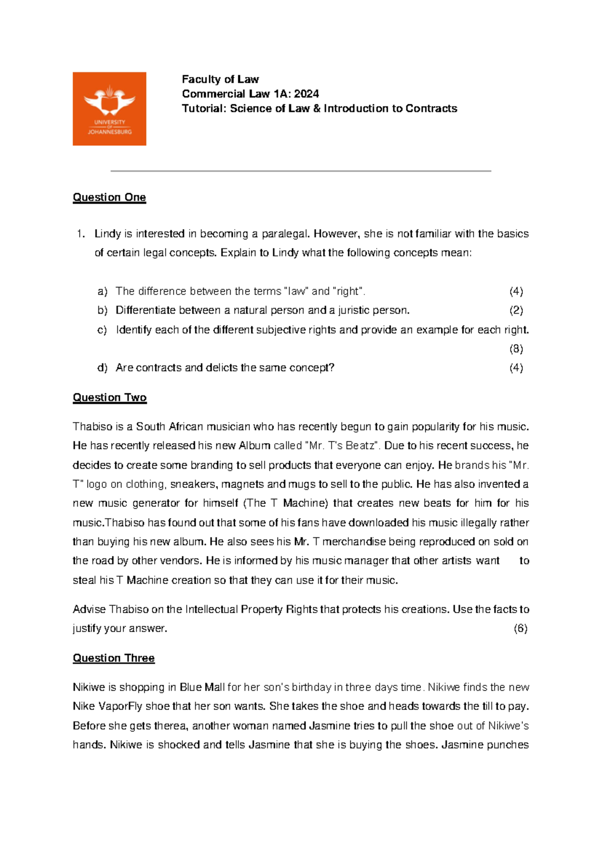 Tutorial 2 The Science of Law - Faculty of Law Commercial Law 1A: 202 4 ...