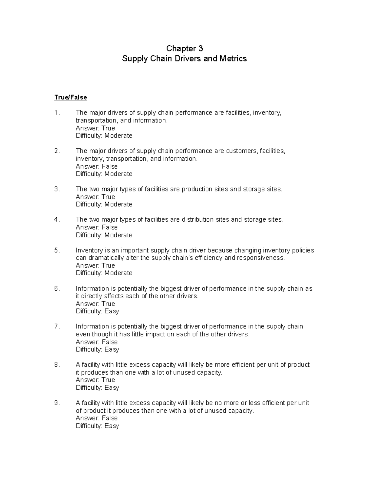 Chopra 3 tif 03 - Chapter 2 QCM - Chapter 3 Supply Chain Drivers and ...