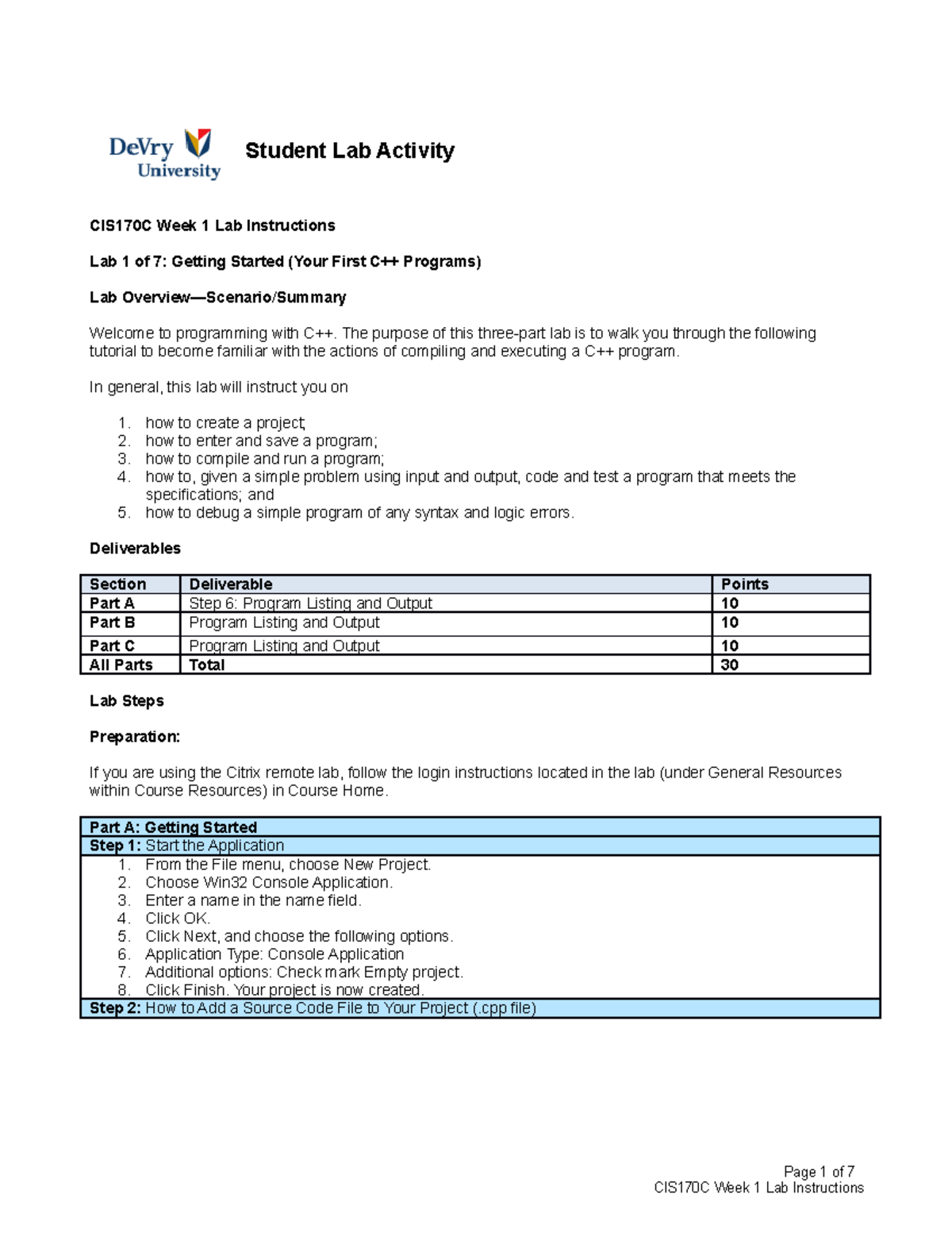 CIS170C W1 Lab Instructions Student Lab Activity CIS170C Week 1 Lab