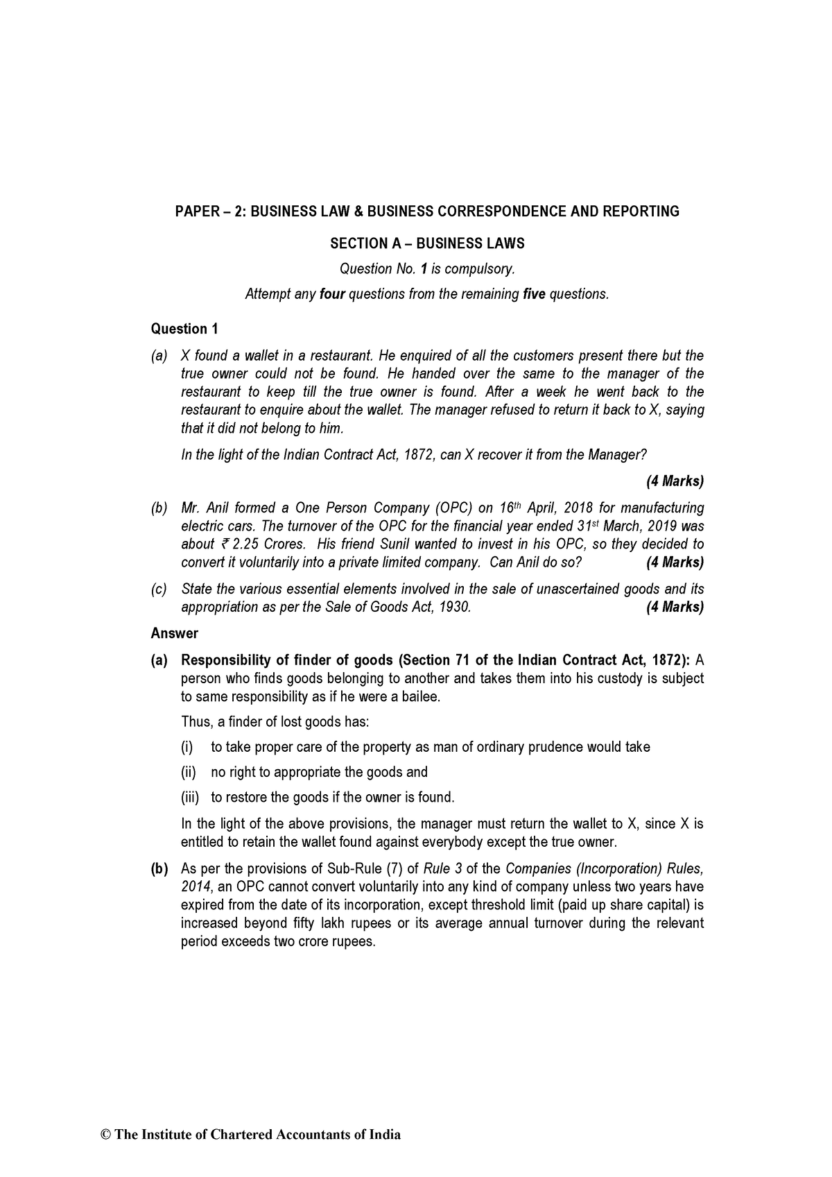 CA Foundation Business Law Suggested Answers Nov 2019 - PAPER – 2 ...