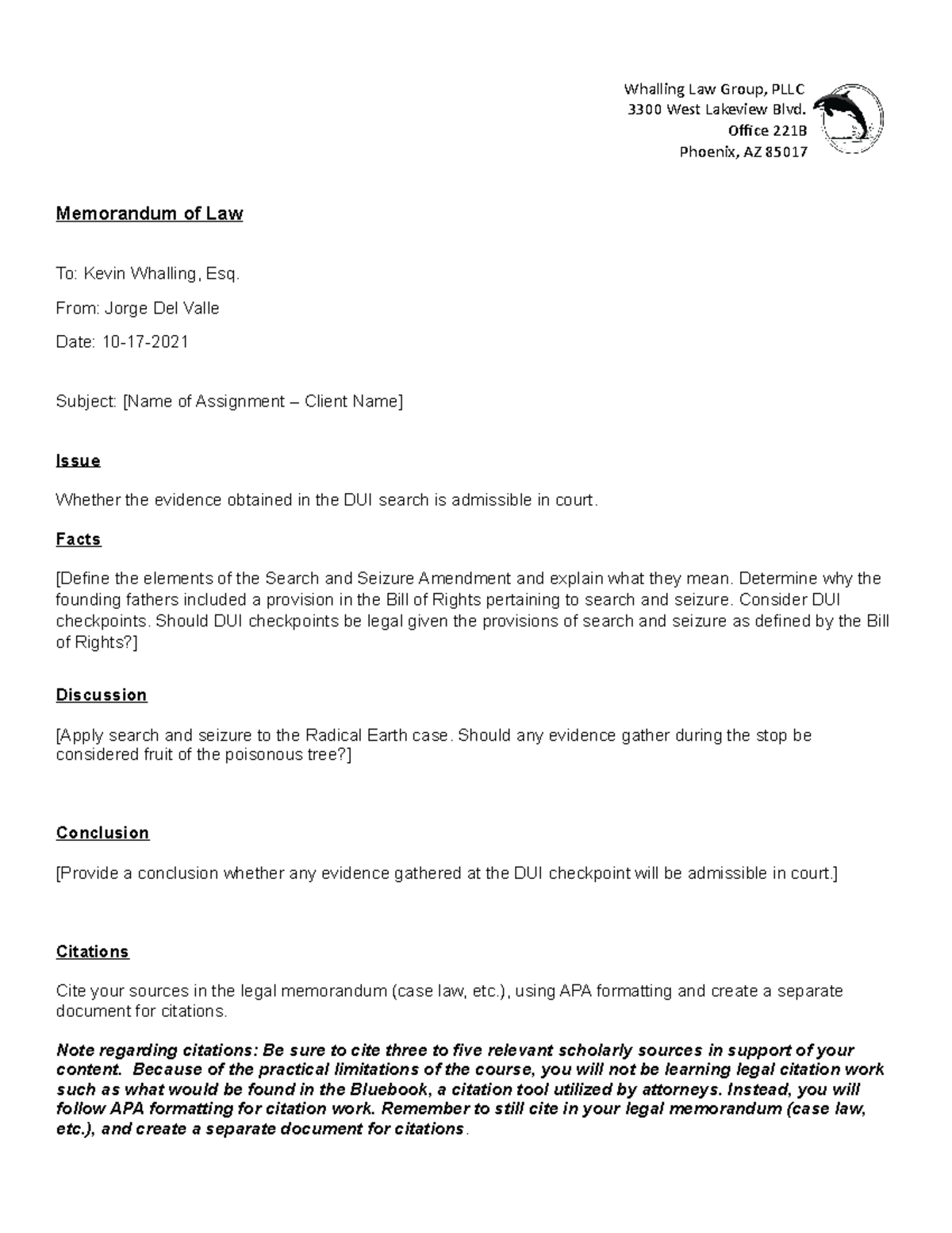 JUS-104 Topic 2 Memorandum of Law Template - Whalling Law Group, PLLC ...