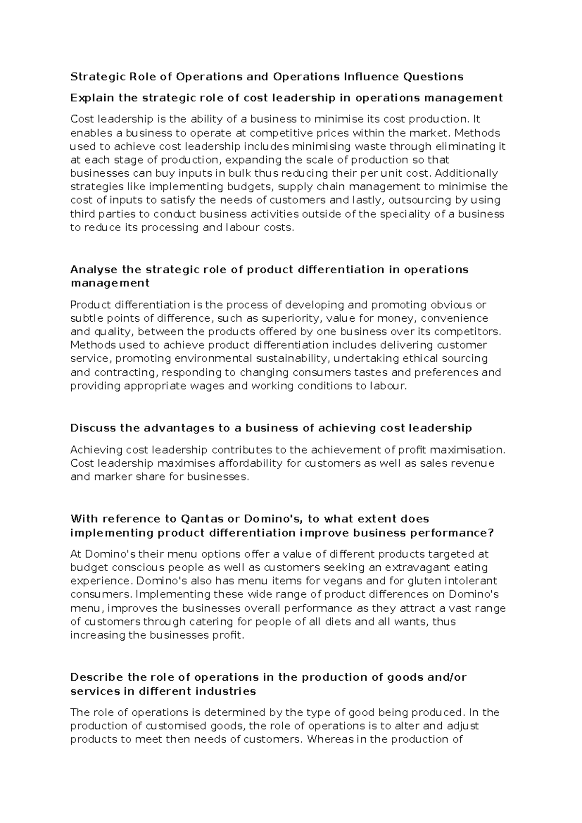 Strategic Role of Operations and Operations Influence Questions - It ...