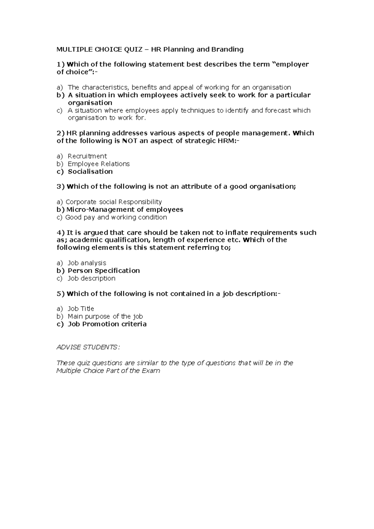 Multiple Choice QUIZ HR Planning and Branding MULTIPLE CHOICE QUIZ