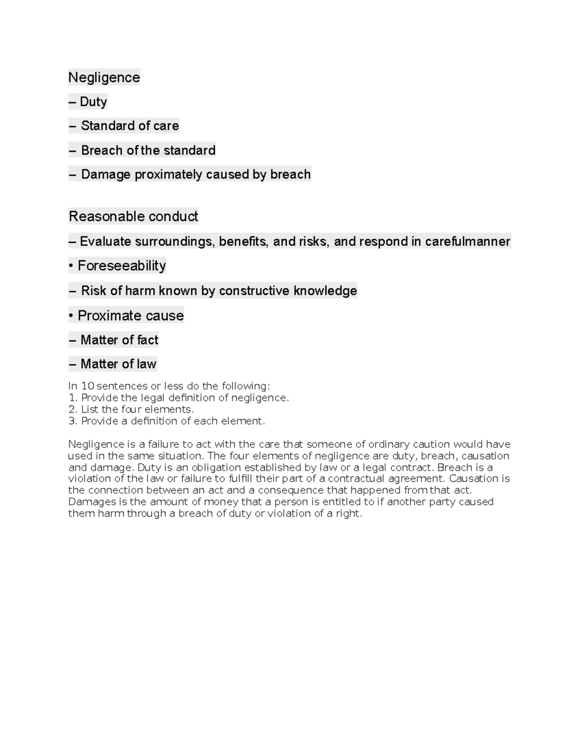 Negligance - negligence - Negligence Duty ‒ Standard of care ‒ Breach ...