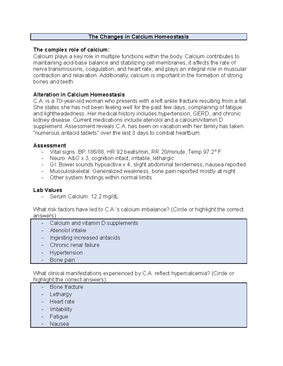 Calcium Case Studies - The Changes in Calcium Homeostasis The complex ...