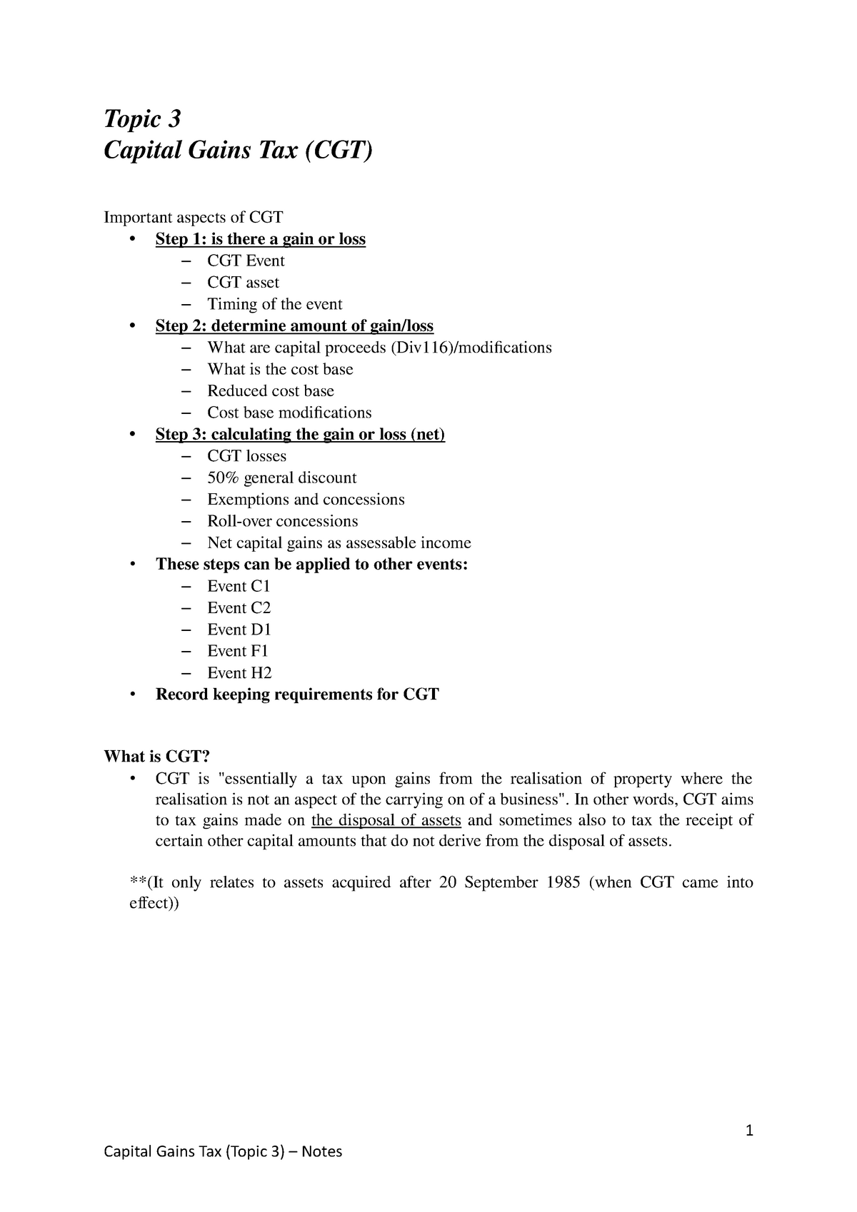 Topic 3 - CGT - Topic 3 Capital Gains Tax (CGT) Important aspects of ...