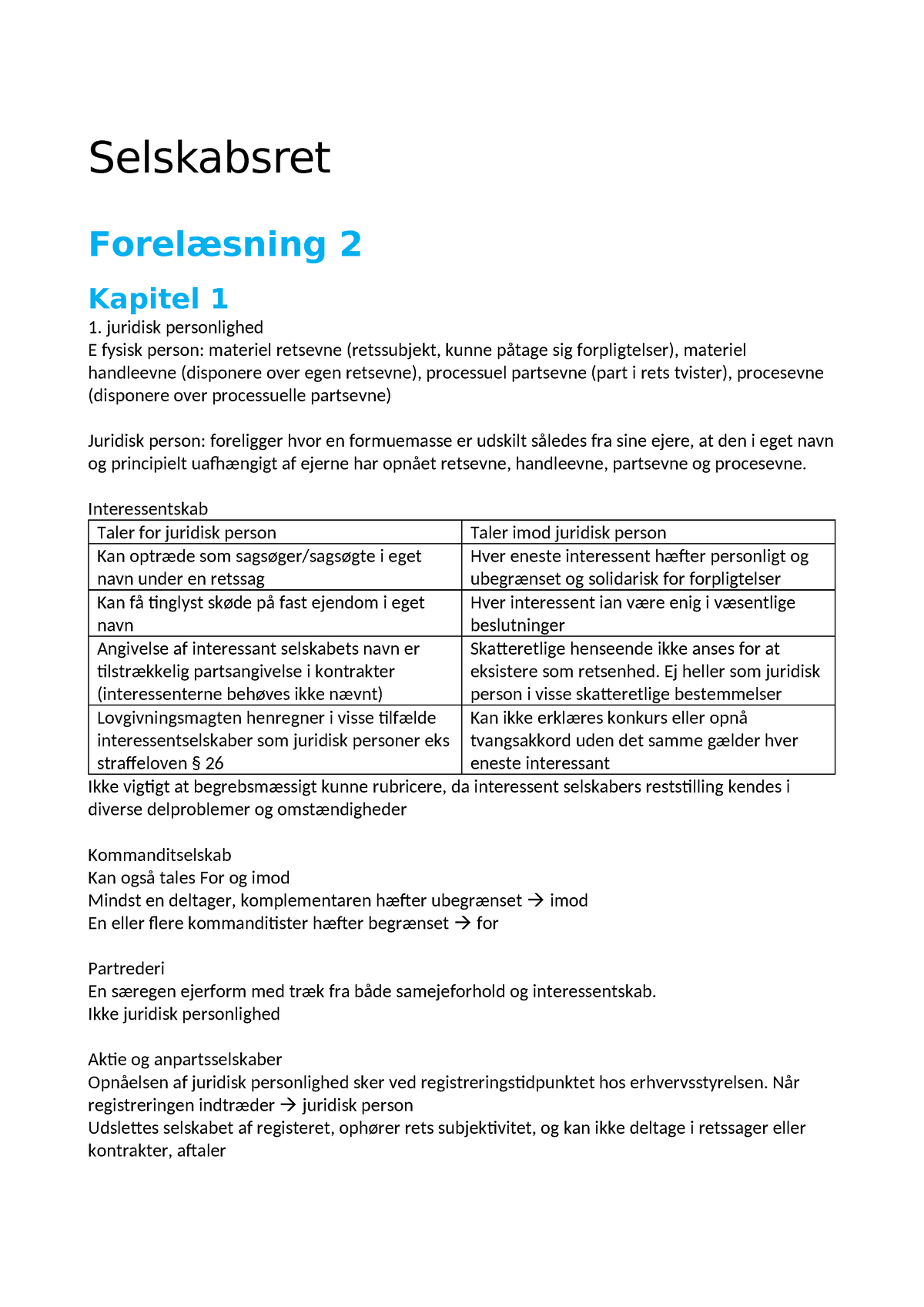 Selskabsret - Noter Fra Forelæsninger - Selskabsret Forelæsning 2 ...