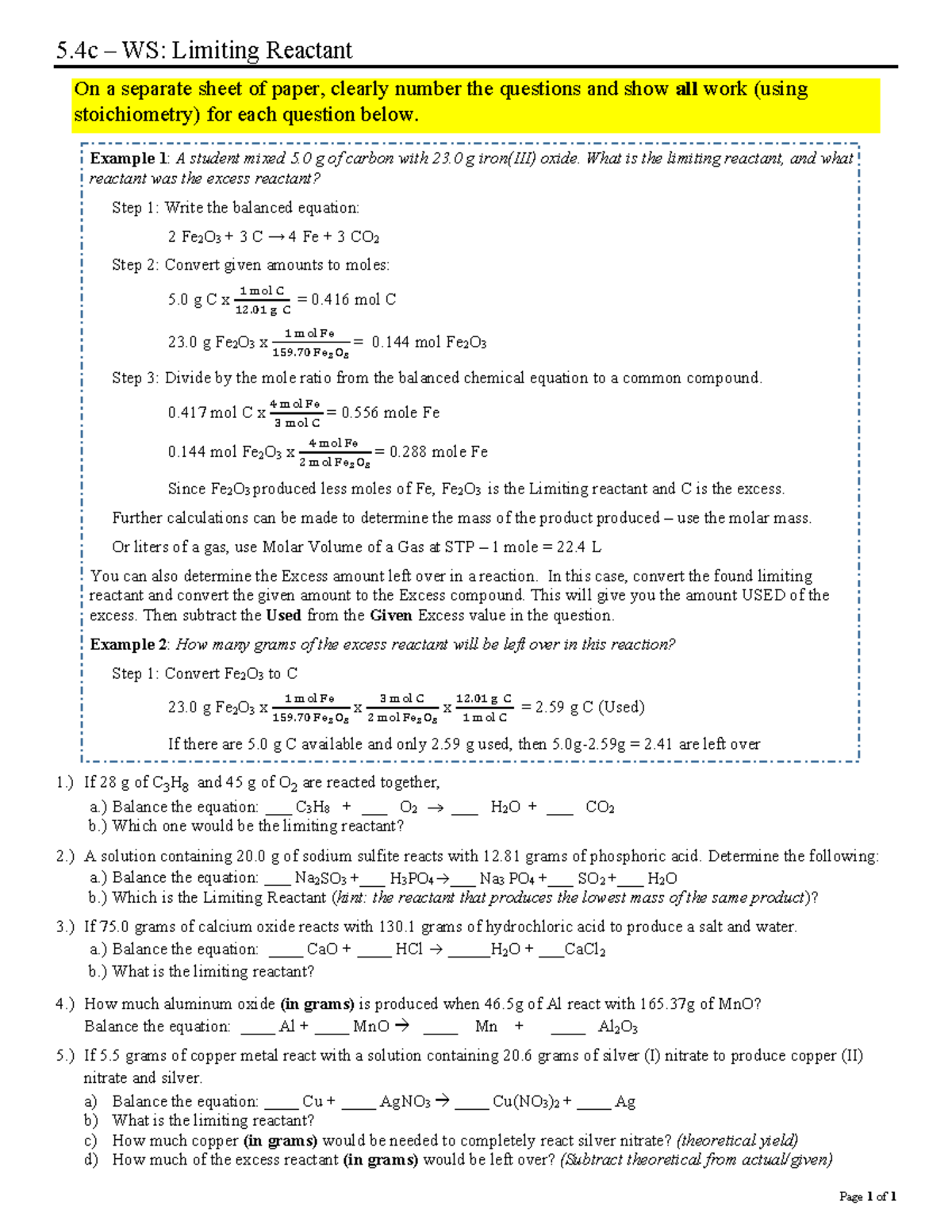 5.4c WS Limiting Reactant - Page 1 of 1 5 – WS: Limiting Reactant On a ...