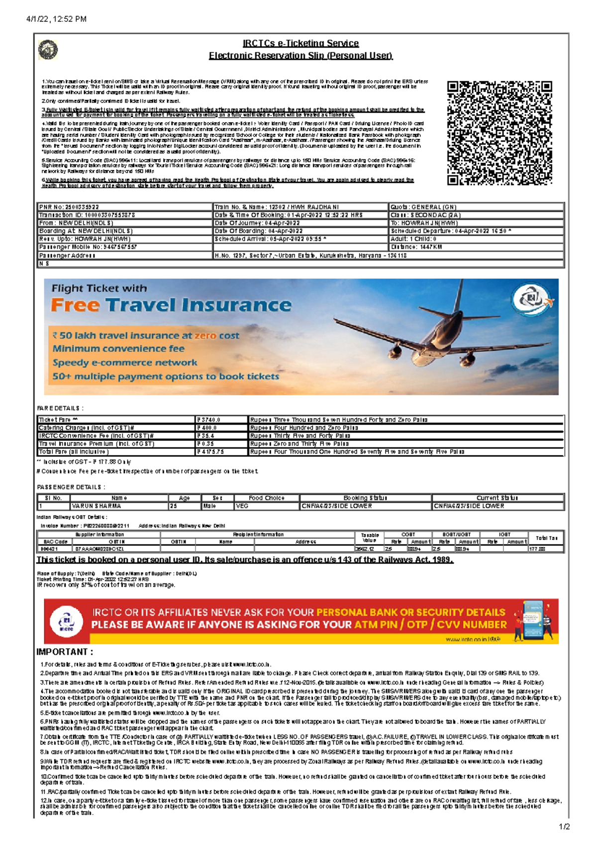 01-04-2022 Train Ticket-Mr. Varun from Delhi to Howrah dated 02-04-2022 ...