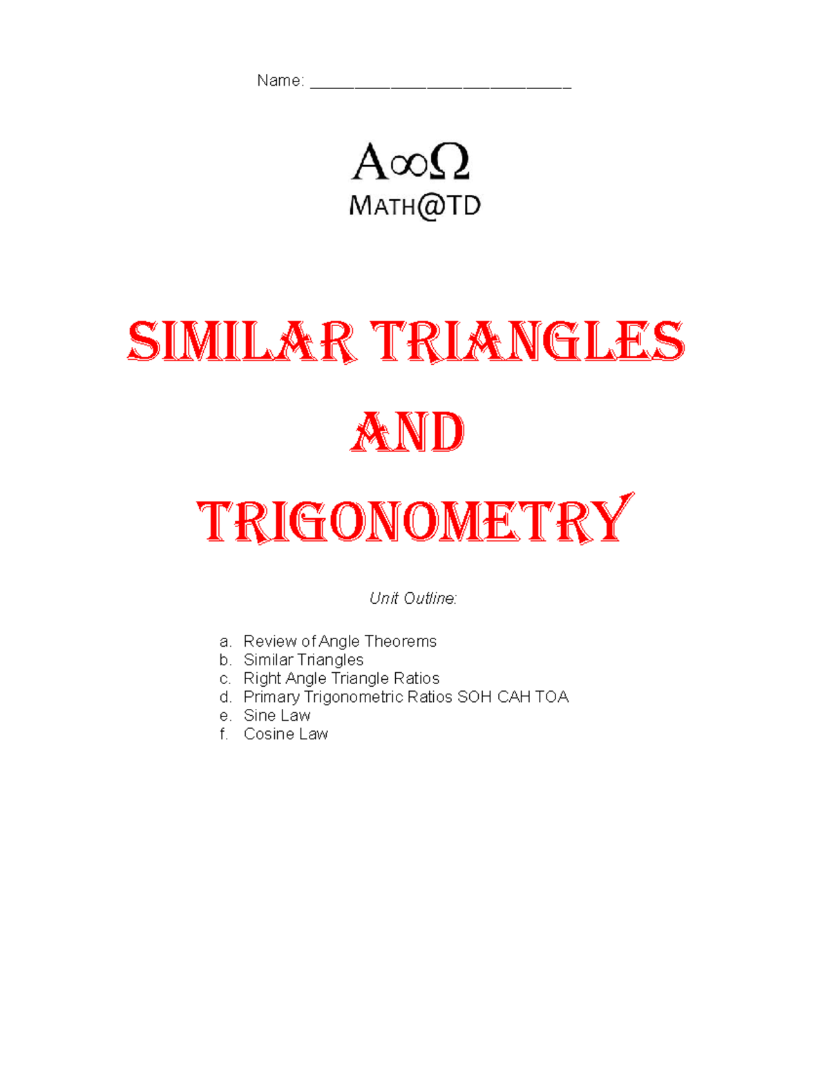 G10 Trig Notes Angle Theorems Similar Triangles Trig Ratios Sine Law