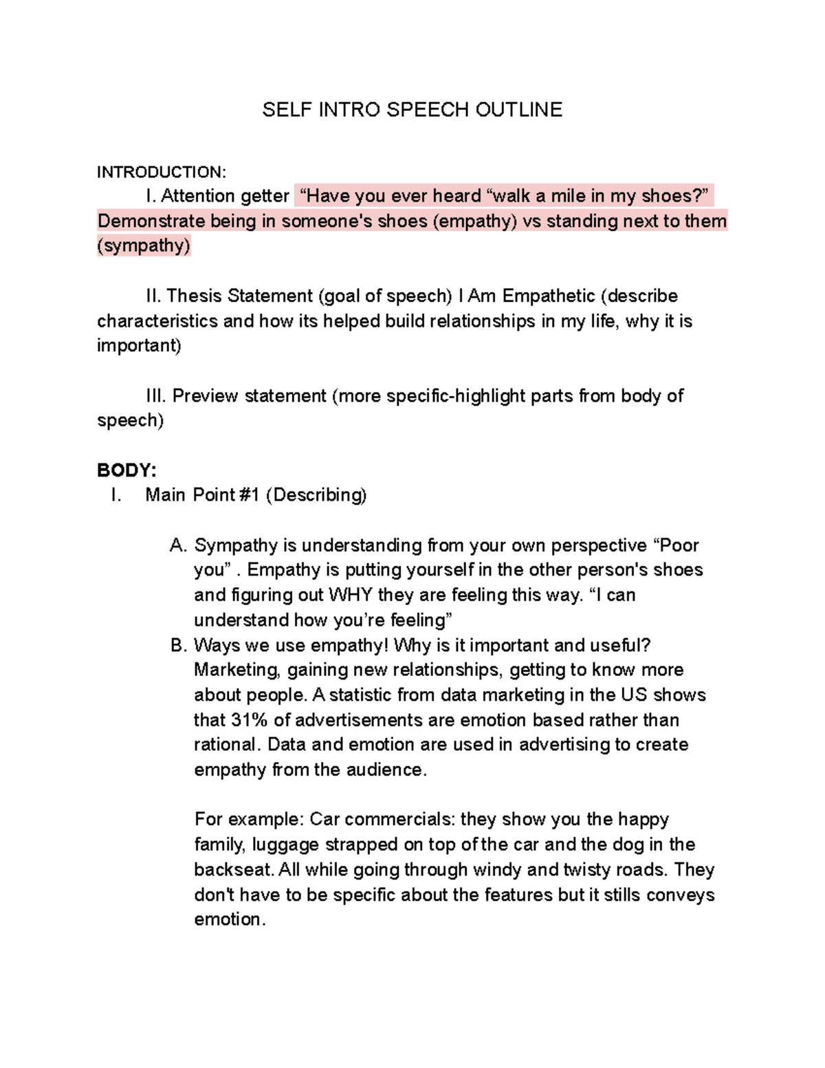 A Landrum Intro Speech Outline SELF INTRO SPEECH OUTLINE