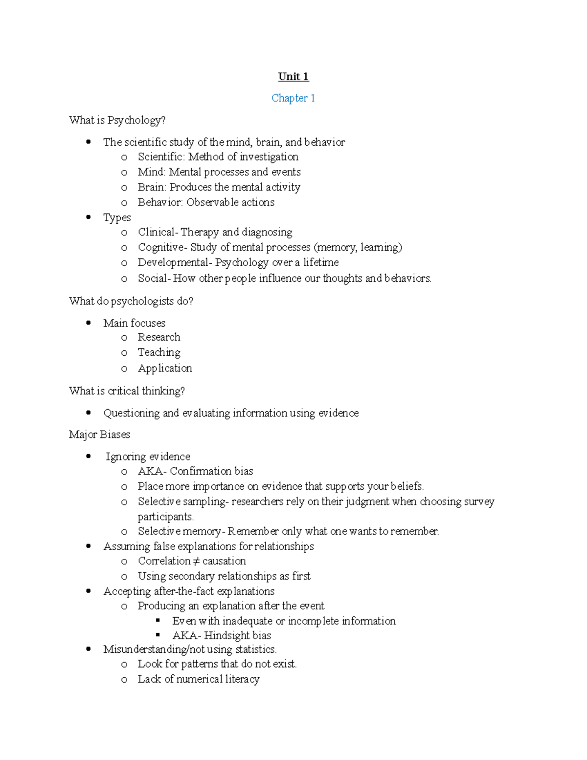 Psychology - Unit 1 - Psych 2012 Notes - Unit 1 Chapter 1 What is ...