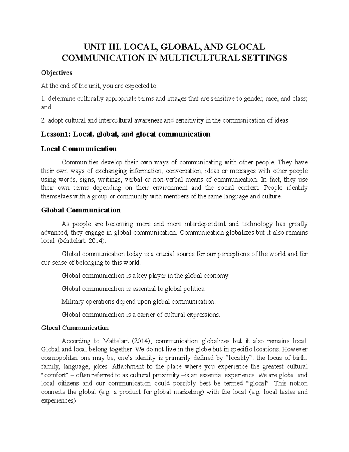 UNIT III. Local, Global, AND Glocal Communication IN Multicultural ...