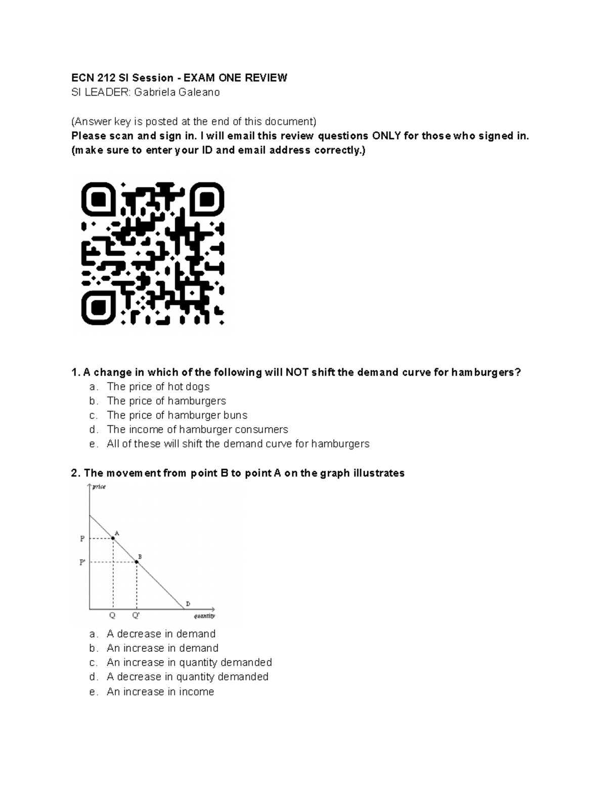 ECN 212 SI Session - EXAM ONE Practice Review - ECN 212 SI Session ...