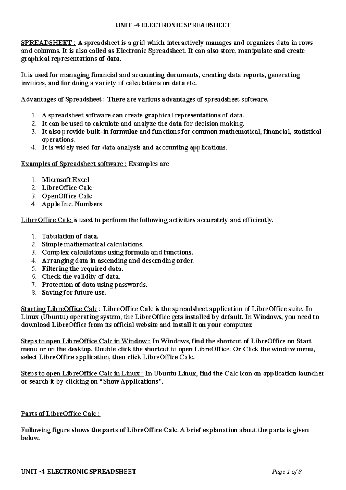 UNIT 4 Electronic Spreadsheet QUES BANK Class 9 - UNIT -4 ELECTRONIC ...