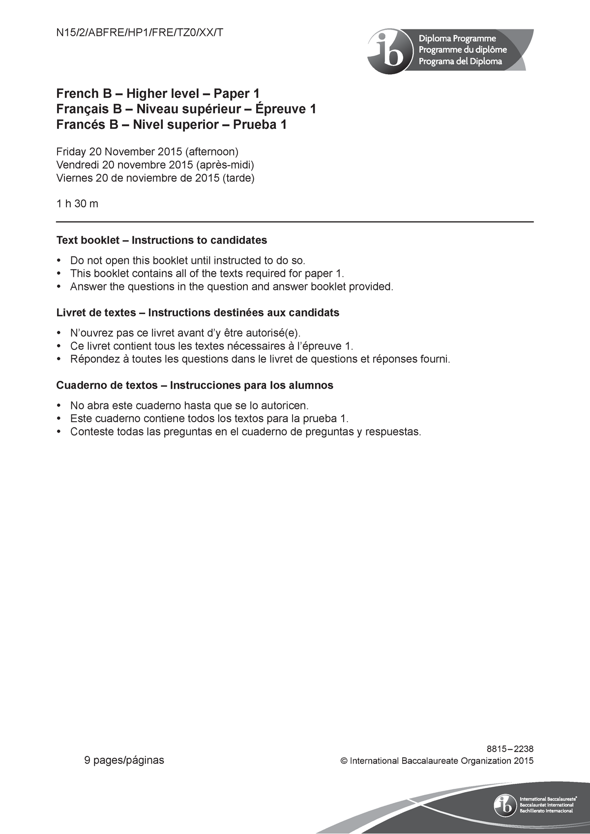 Exam French B Paper 1 Text Booklet - ####### N15/2/ABFRE/HP1/FRE/TZ0/XX ...