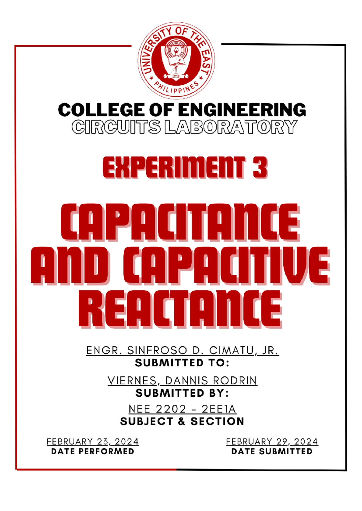 Viernes EXP3 Capacitance AND Capacitive Reactance I. INTRODUCTION For